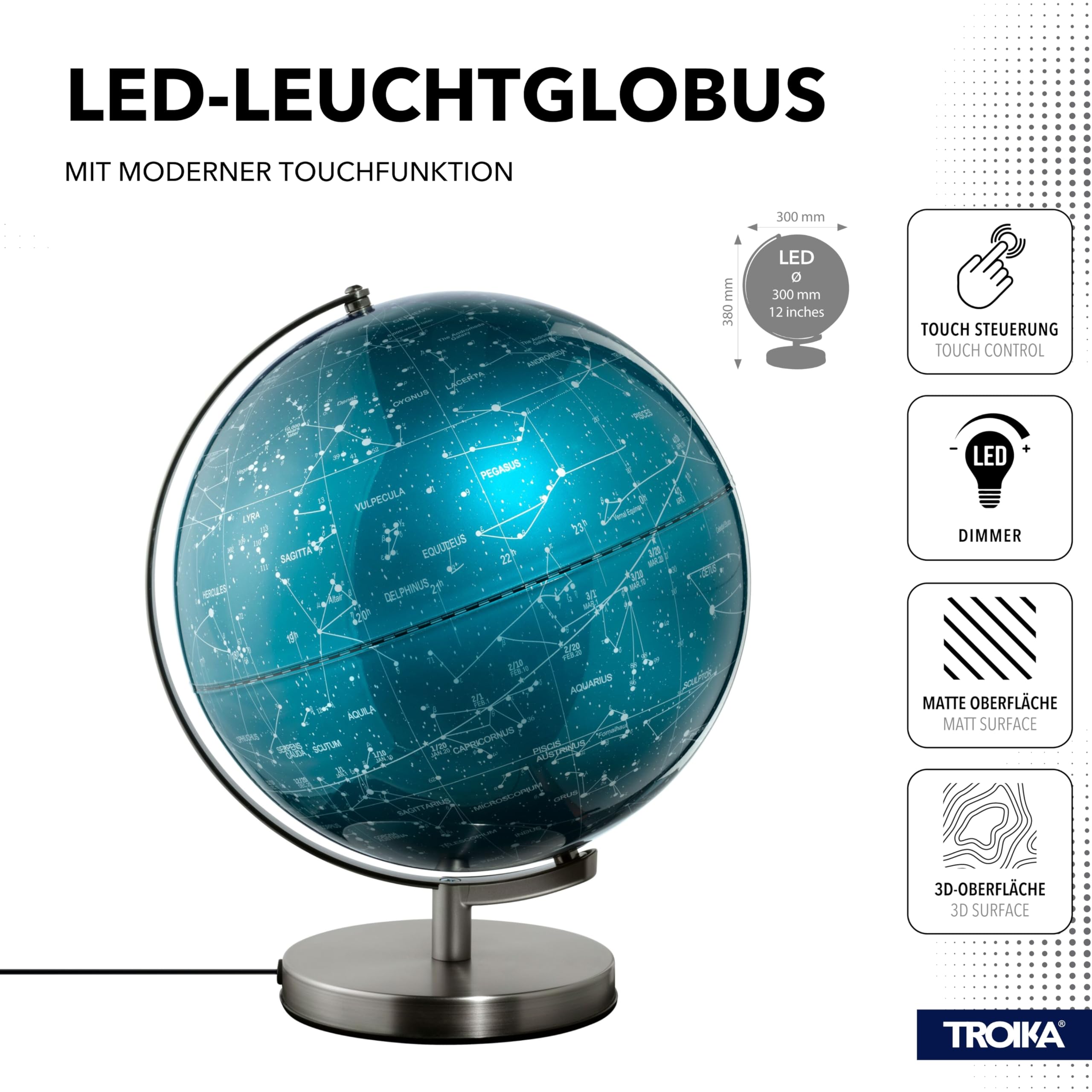TROIKA Globus mit Sternenkarte beleuchtet Touch Funktion 30cm Durchmesser STELLAR LIGHT TOUCH Beleuchtung inkl. Ladestecker auf gebürstetem Metallfuß aus Kunststoff und Metall in blau