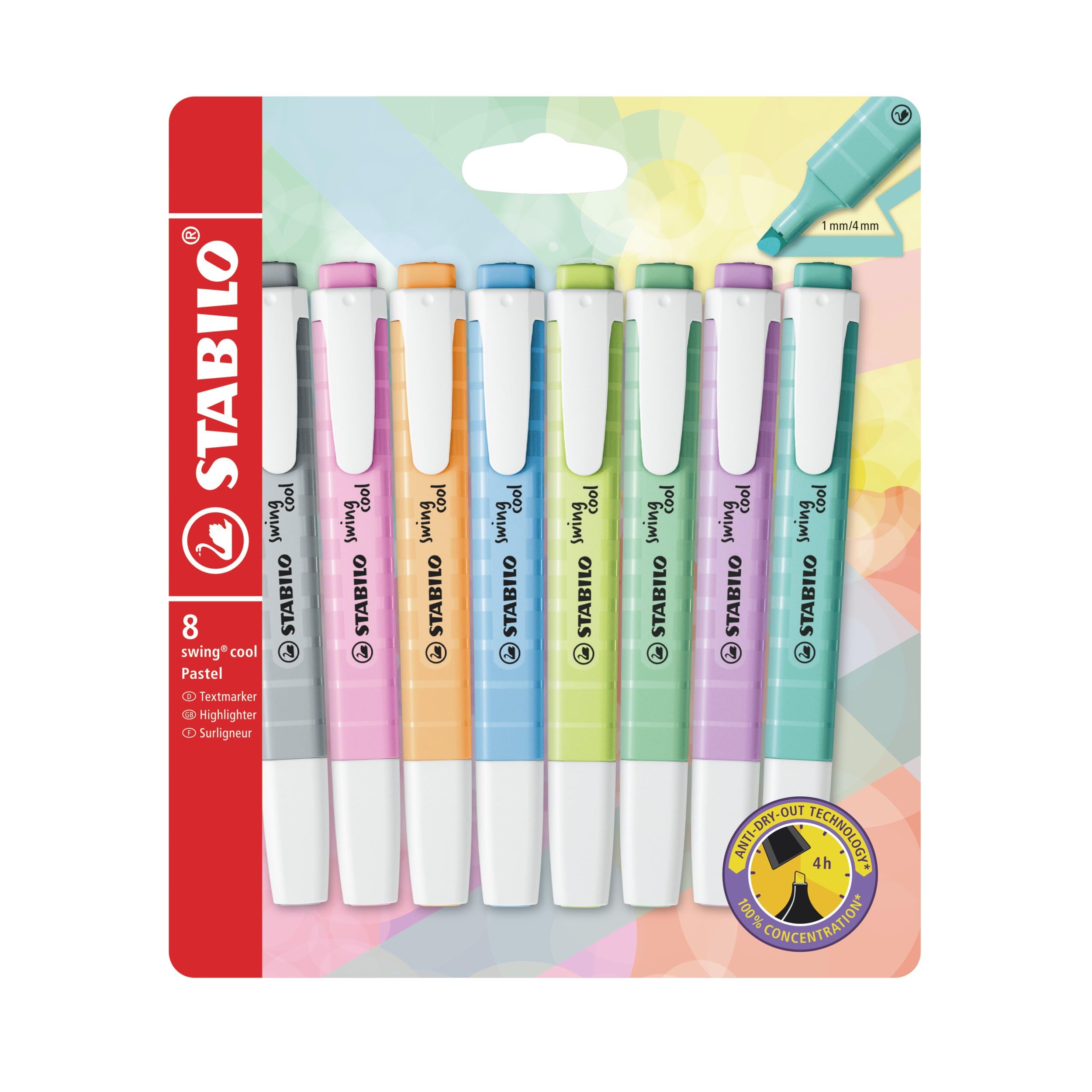 STABILO swing cool Pastel - Highlighter - Pack of 8 - Breezy Blue, Touch of Turquoise, Hint of Mint, Pale Orange, Dash of Lime, Lilac Haze, Frozen Fuchsia, Dusty Grey