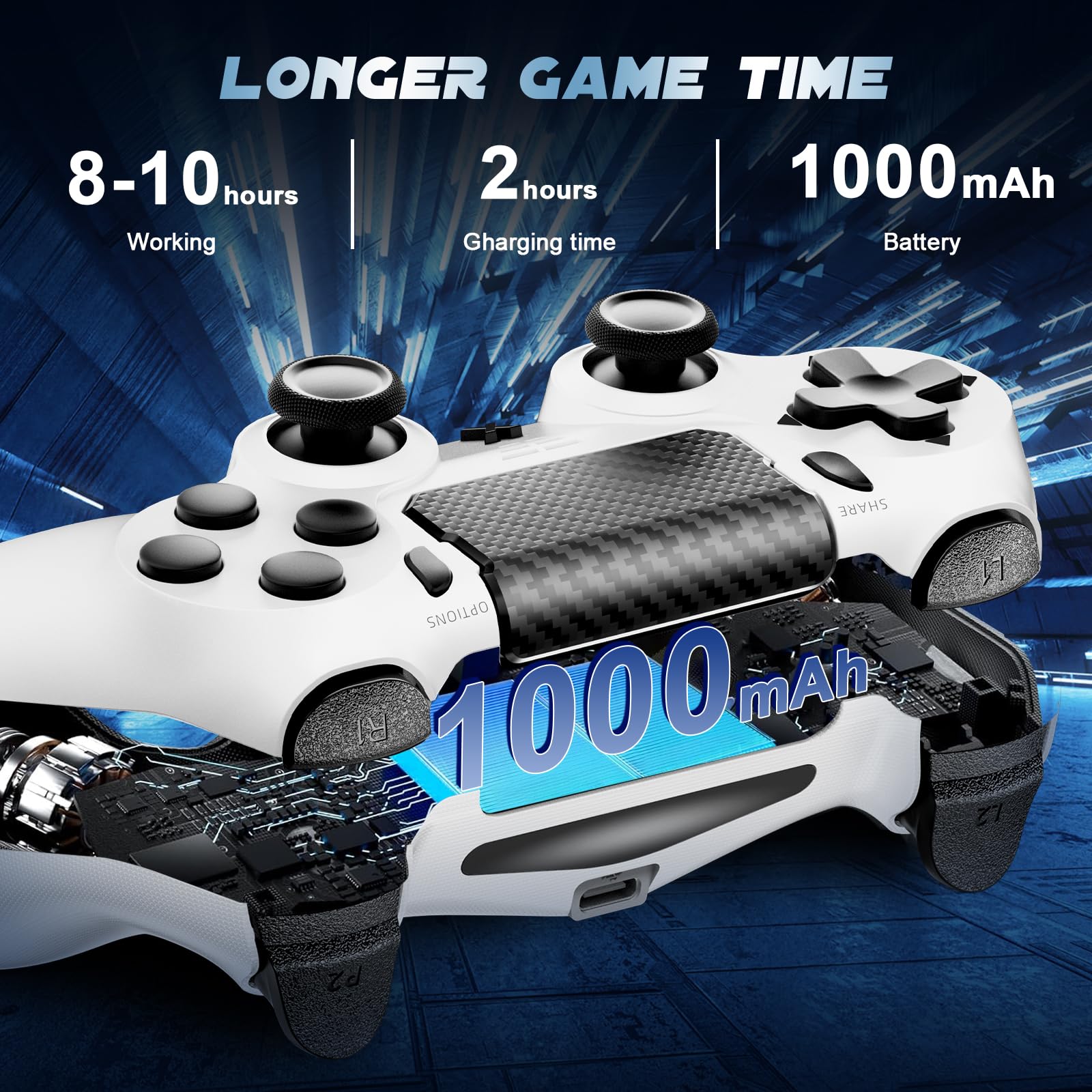Glitfix Wireless Controller, Upgraded Controller Wireless for PS-4/Slim/PC, Bluetooth Gamepad Joystick with Dual Vibration/Touch Panel/ 3.5mm Audio Jack/Six-Axis/Ergonomic (White) — view 4