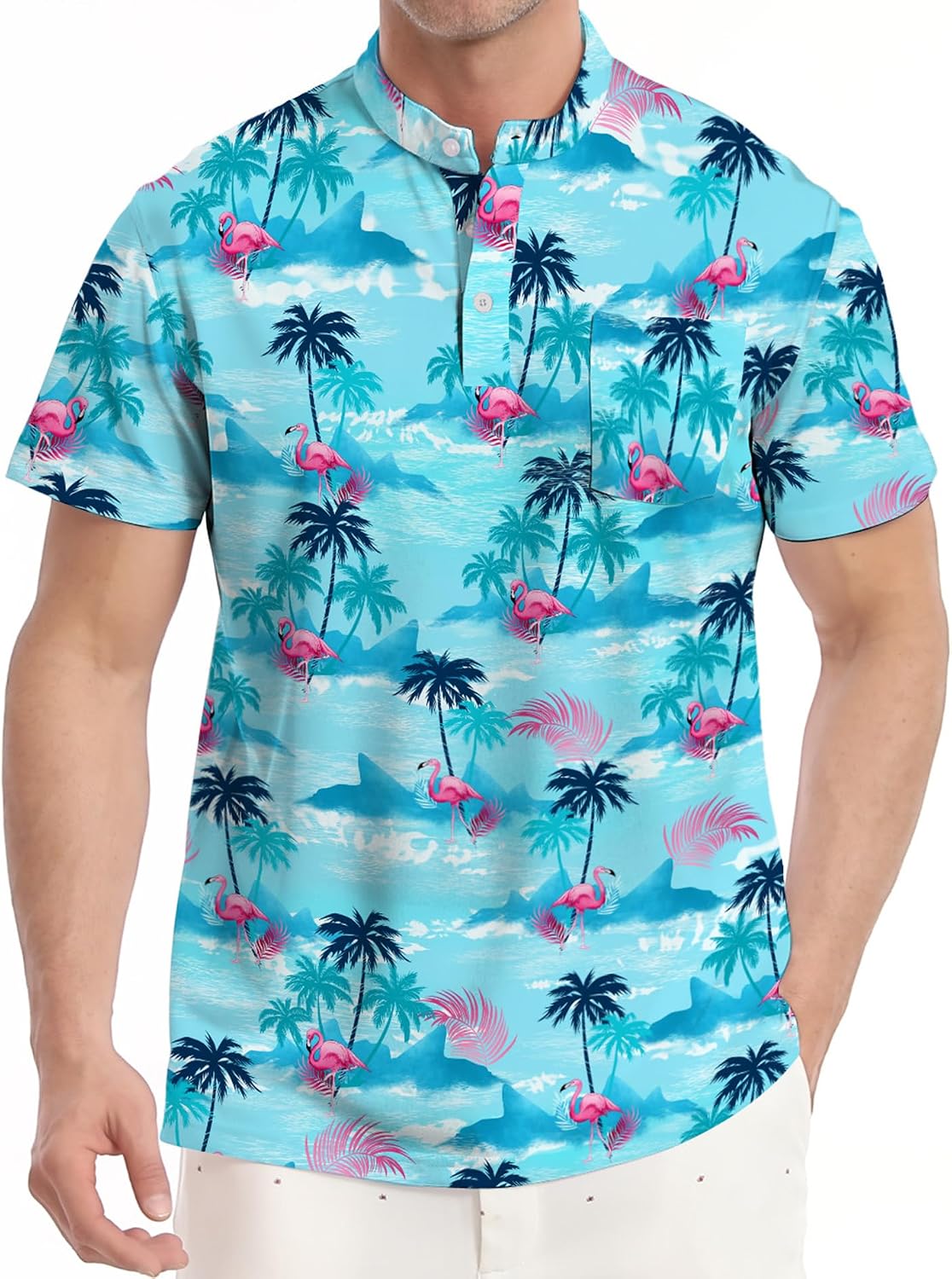 Golf Shirts for Men Printed Henley Shirts Collarless Golf Polo Shirt Short Sleeve with Pocket