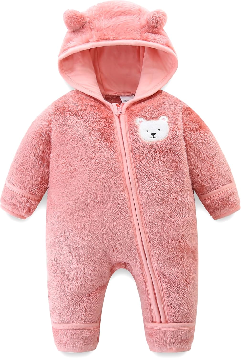 Newborn Baby Fleece Jumpsuit Unisex Infant Bear Hooded Onesie with Mitten Cuffs Winter Warm Snowsuit Outfit