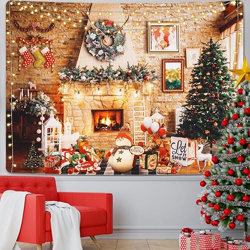 Miniatura 2 de Uspring Tapiz de pared de Navidad, chimenea, medias, tapices, caja de regalo, tapiz de muñeco de nieve, reno, tapiz colorido para decoración de