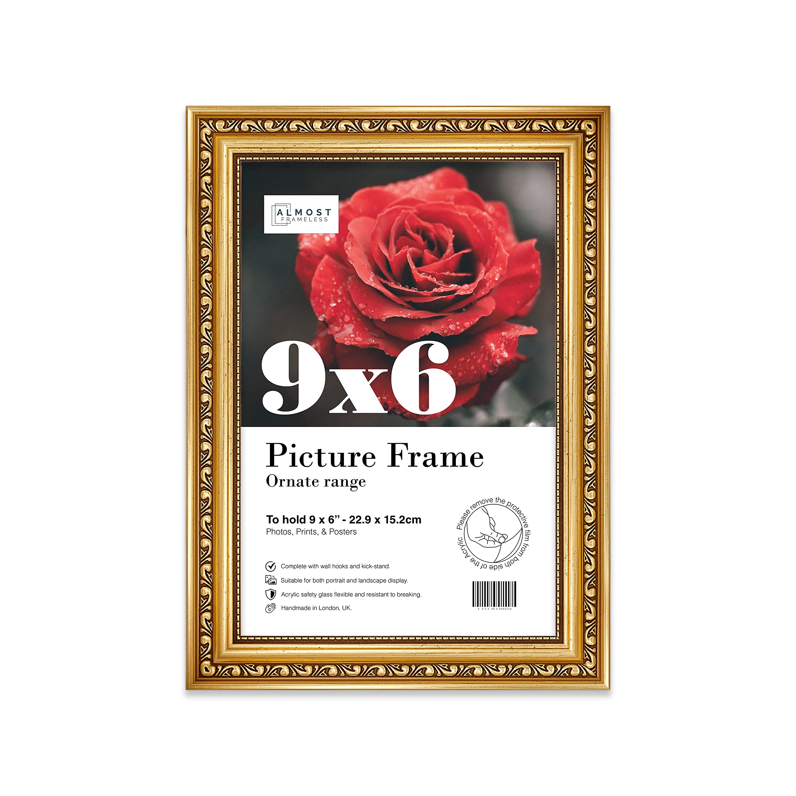 Almost Frameless 9x6 Gold Ornate Picture Frame 9"x6"(22.9x15.2cm) Poster, Photo, Artwork, or Print. Shabby Chic Style Portrait and Landscape Display with Wall Hooks