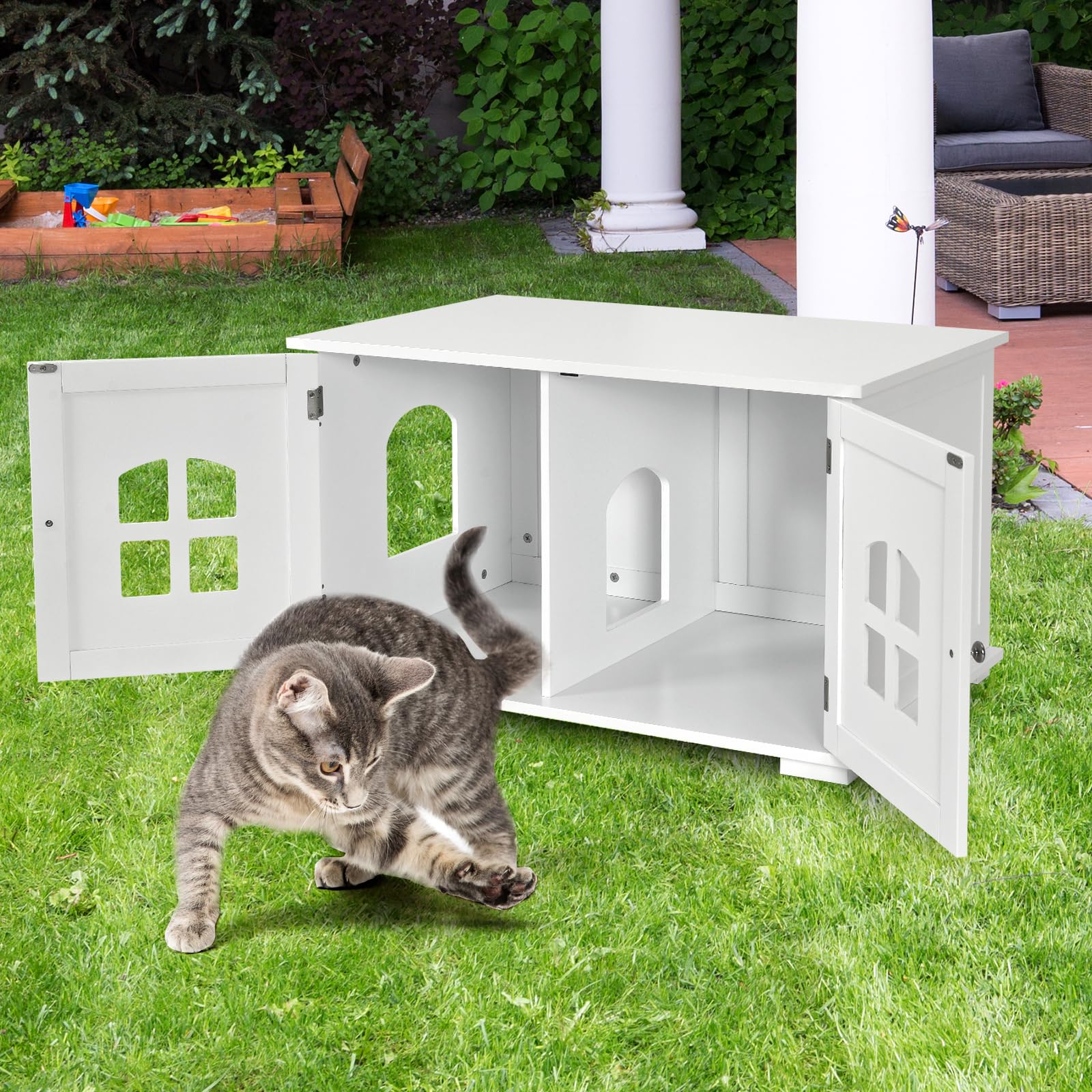 GOPLUS Casa para Gatos, Inodoro para Gatos con Separador Interior extraíble, Armario para Gatos con Orificio de Entrada y Ventana de Cruz y 2 Puertas magnéticas, 81 x 53 x 49 cm (Blanco)