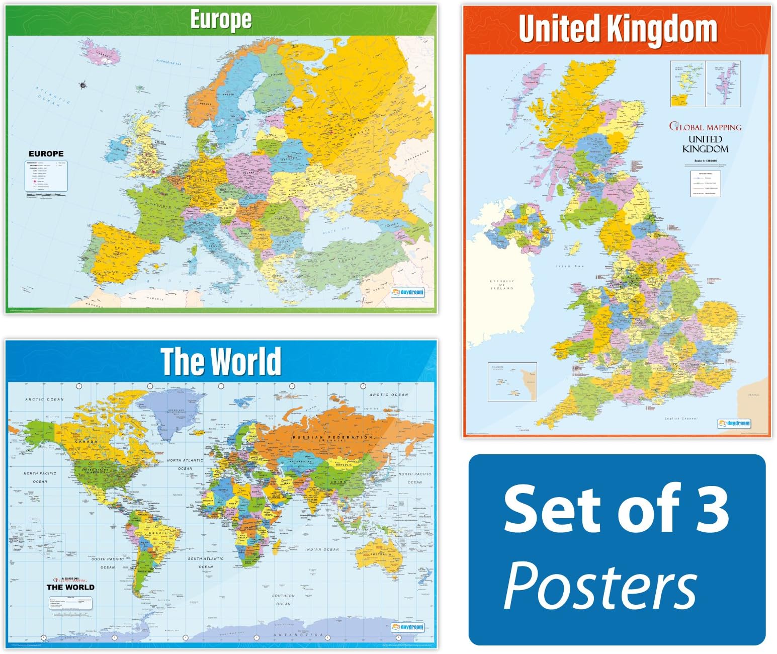 Map Posters - Set of 3 | Geography Posters | Gloss Paper measuring 850mm x 594mm (A1) | Geography Classroom Posters | Education Charts by Daydream Education