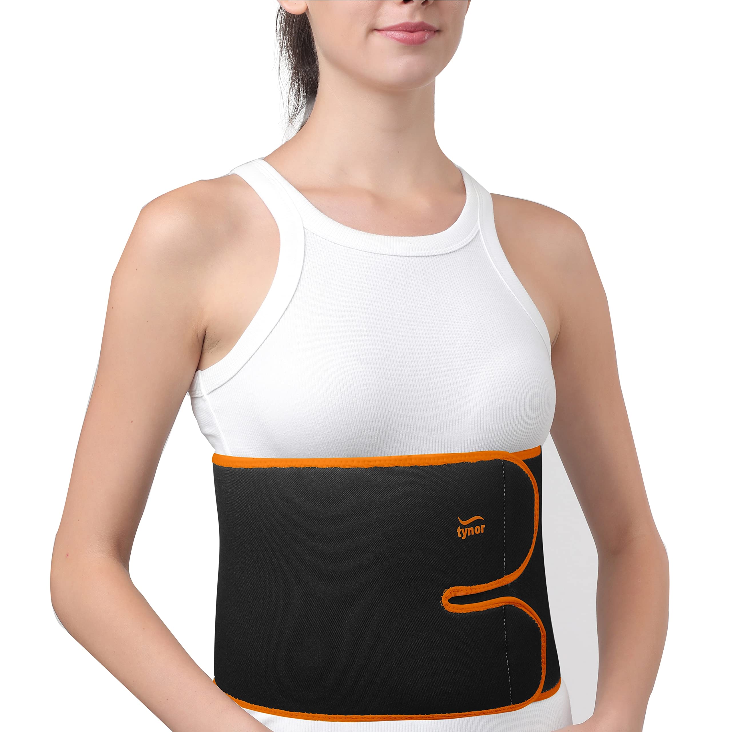 Tynor Abs Binder Adjustable (Neo) - Neoprene Abdominal Belt for Pain Relief, Muscle Support For Sports, Gym, Workout | Adjustable Compression Wrap - Black & Orange, Universal Size, 1 Unit