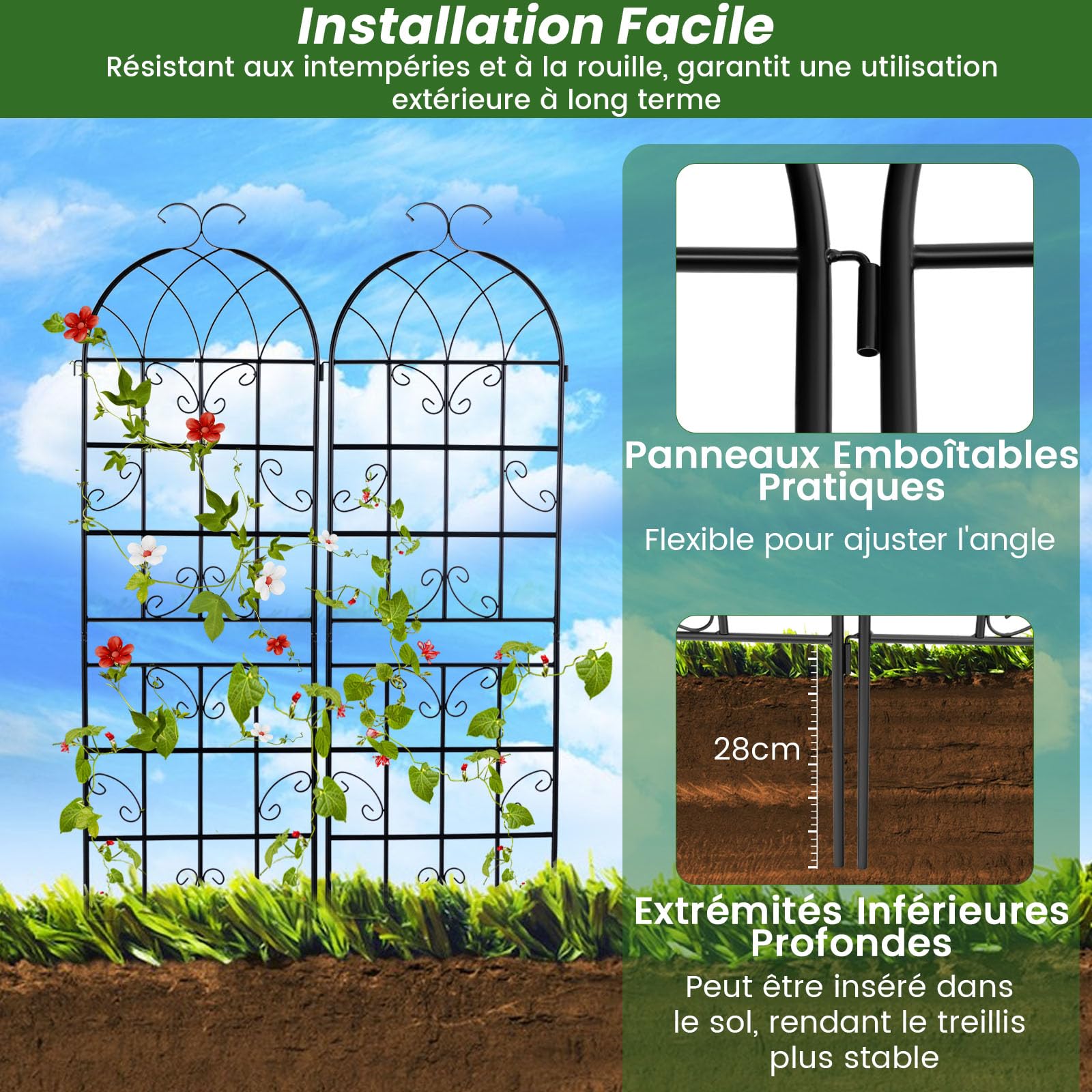 GOPLUS Lot de 2/4 Treillis Jardin pour Plantes Grimpantes, 1,8M/2,2M en Métal Galvanisé, Treillis Décoratif pour Légumes, Fleurs, Vignes (Arc Noir|50x180CM,2)