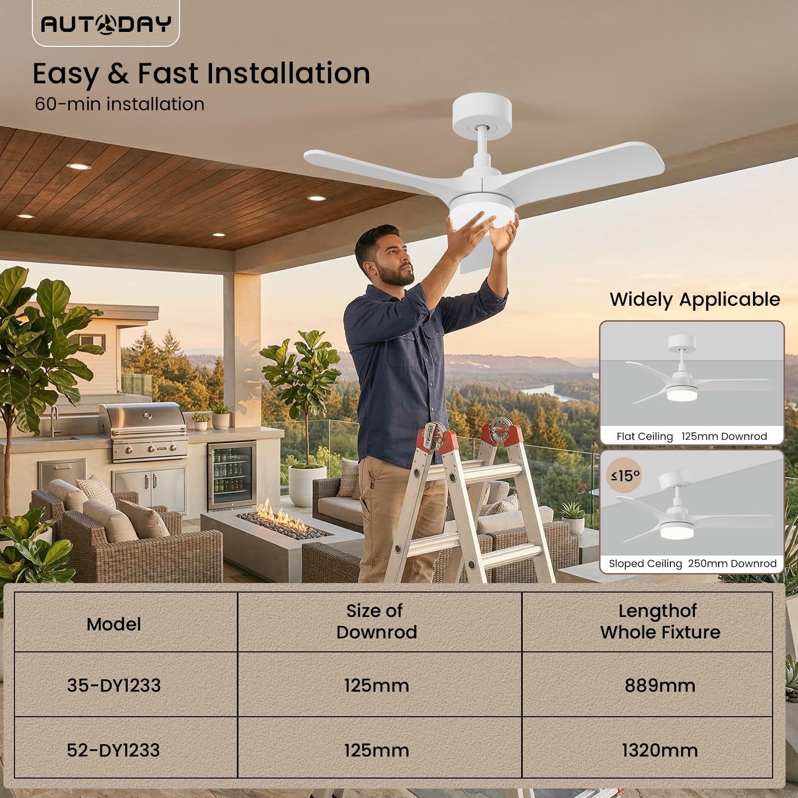 Ventilateur De Plafond En Bois Avec Lumière Led, Moteur Dc Silencieux, 24W Dimmable, 90Cm, 3 Pales En Bois, Télécommande Mémoire, 6 Vitesses, Minuterie, Extérieur