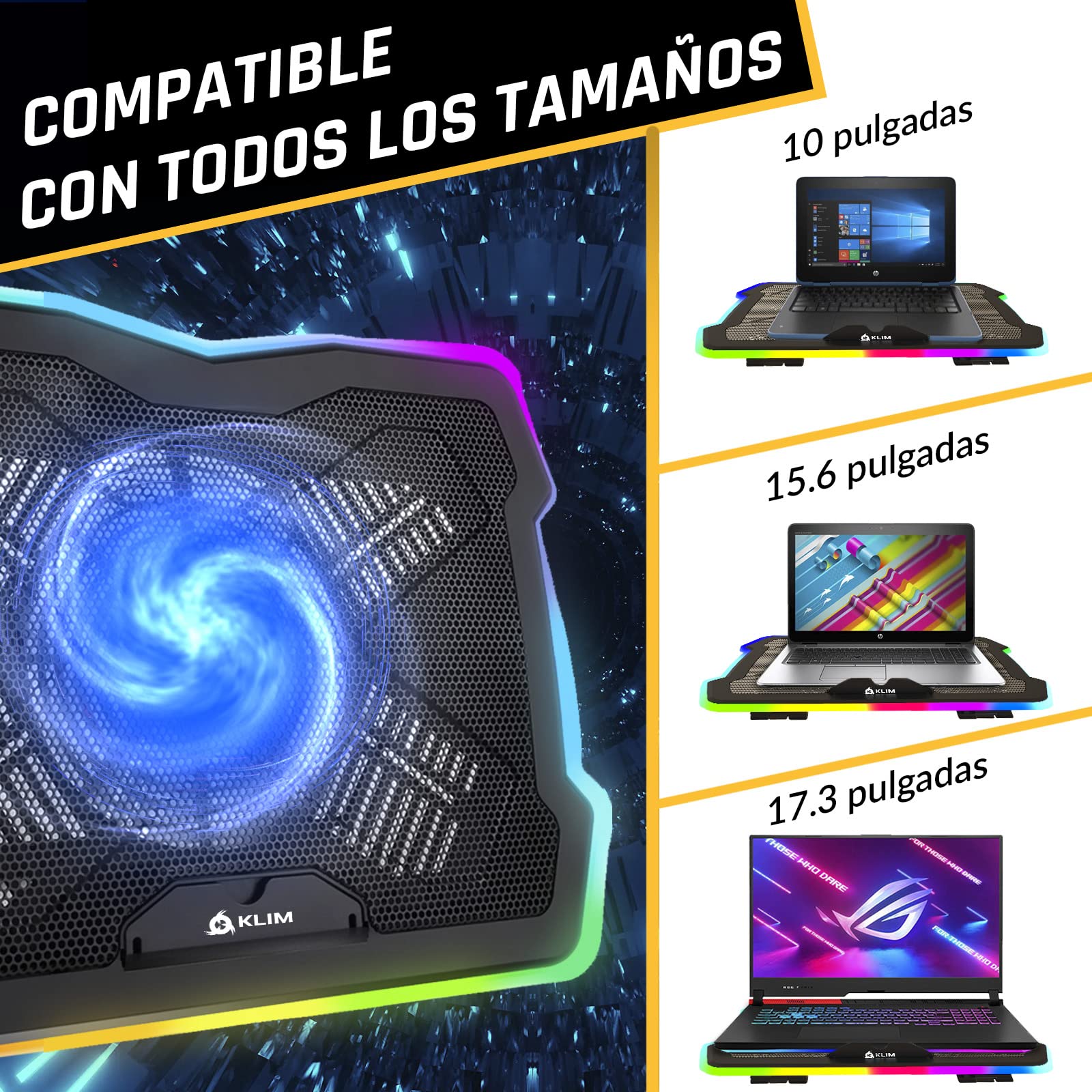 KLIM Ultimate - Base Refrigeradora Portatil RGB - 11" a 17" - Refrigerador Portátil Gaming - Nueva - Ventilador USB - Estable y silenciosa - Compatible con Mac PS4 PS5 - Negro