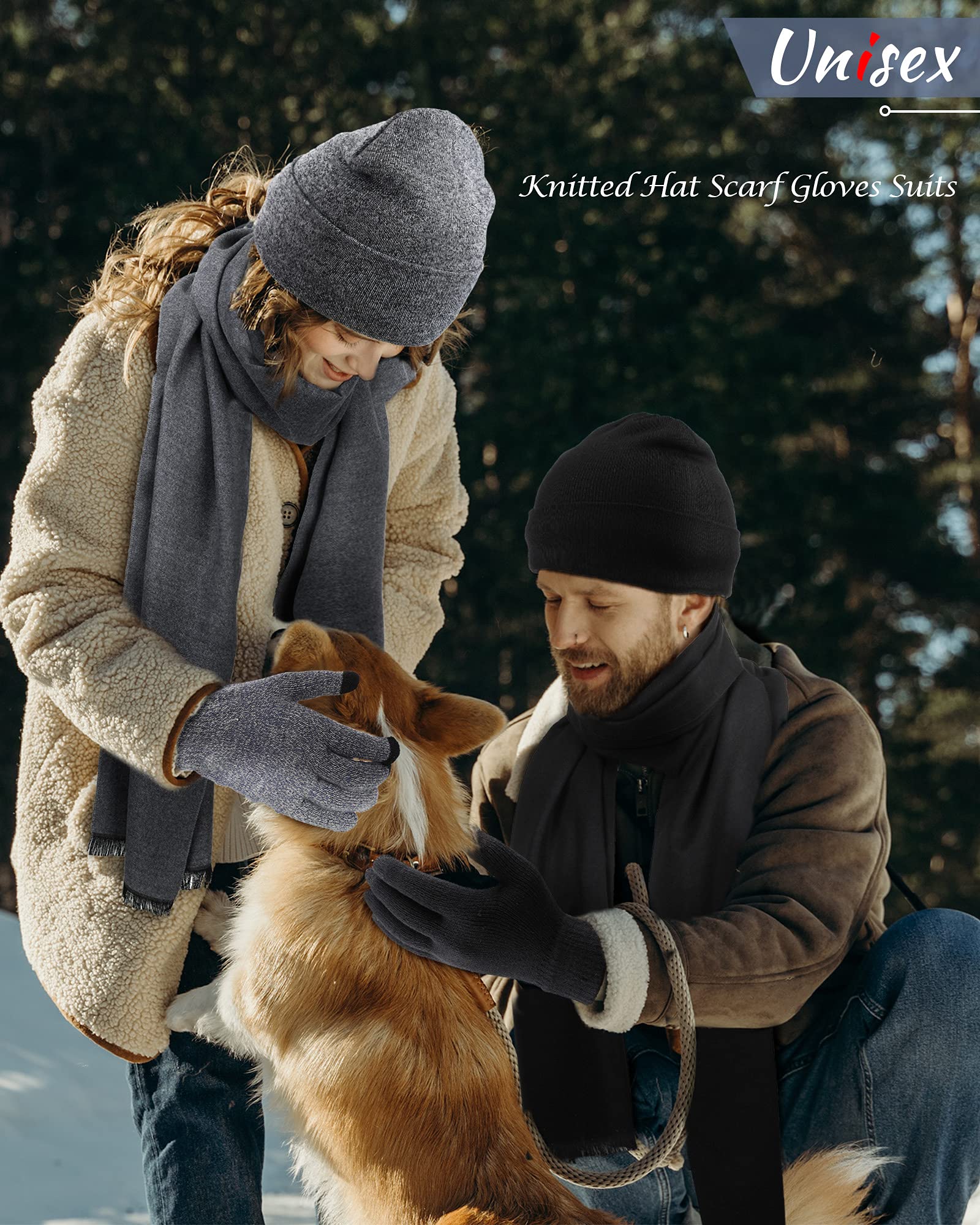 6 Stück Damen Herren Winter Warm Strickmütze Touchscreen Handschuhe Schal Set Fleece Futter Schädel Kappen Hals Schals
