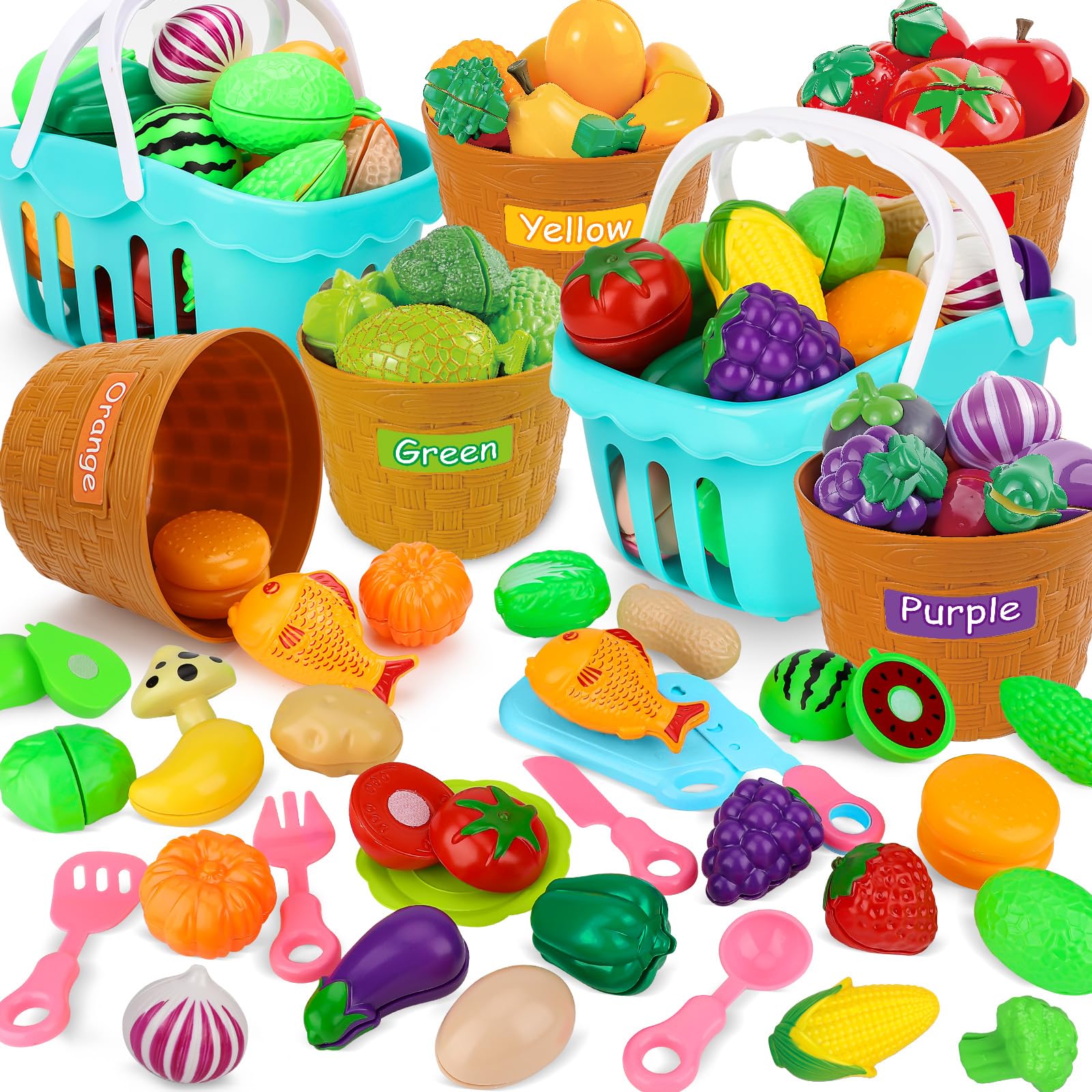 Color Sorting Play Food Set for Kids, Cutting Fruits and Vegetables Food Toy with Storage Basket for Toddlers, Educational Pretend Kitchen Accessories for Boys and Girls