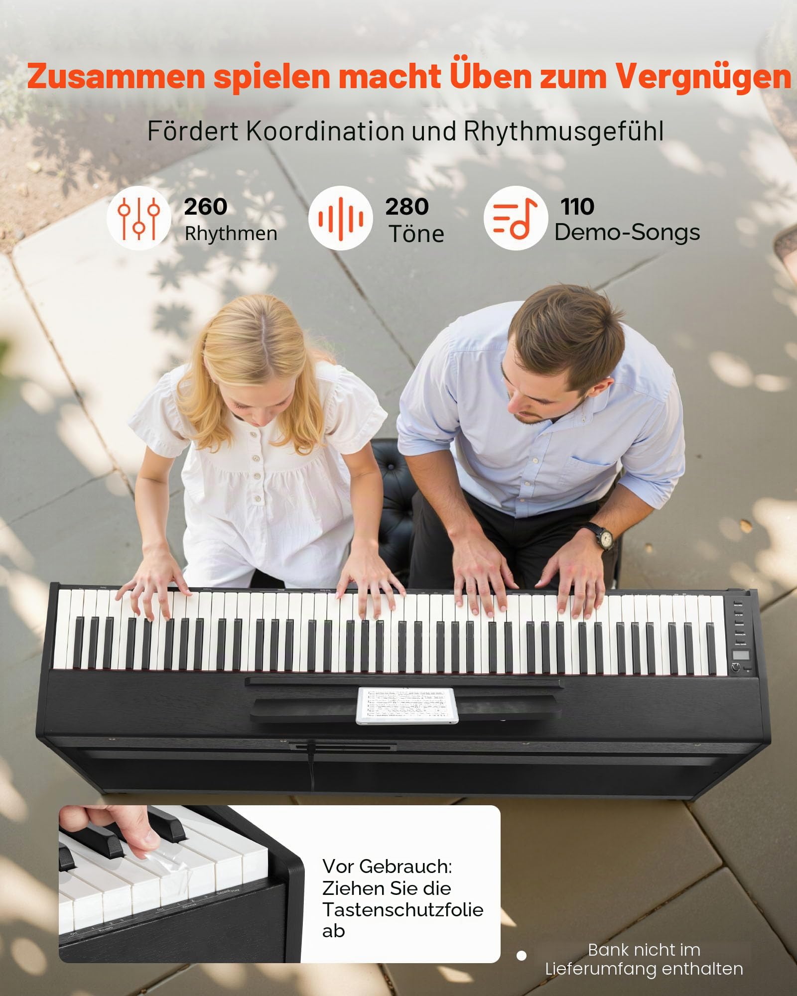 VEVOR Digitalpiano, 88 Tasten vollgewichtet anschlagdynamisch, E-Piano mit Möbelständer, Netzadapter, Dreifachpedal, Aufnahmefunktion, 280 Töne, Kabellose Verbindung, für Anfänger, Schwarz