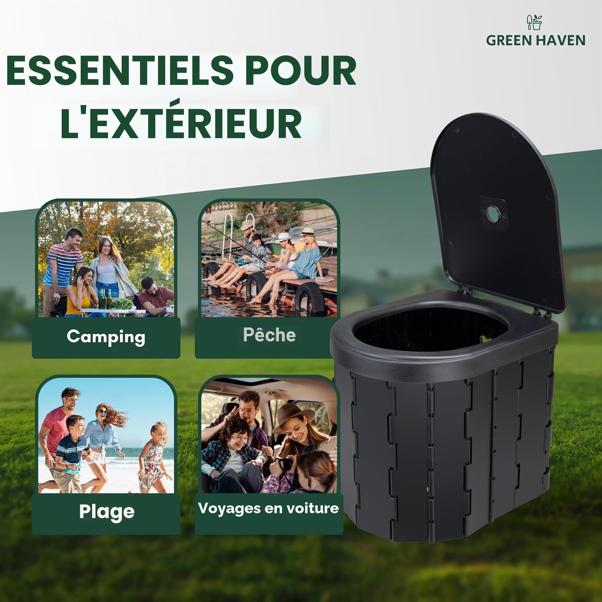 Green Haven toilette portable pliable | wc camping adulte, 12 sacs inclus | SEAU HYGIÉNIQUE COMPACT: pot de chambre · festival · caravane · voyage · résistant · 6 litres · porte-rouleau · randonnée