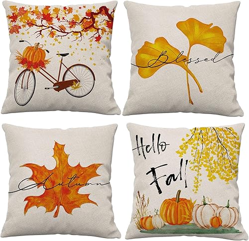 Juego de 4 fundas de almohada de otoño de 22 x 22 pulgadas, diseño de calabazas de Acción de Gracias, decoración de hojas de otoño, para el hogar,