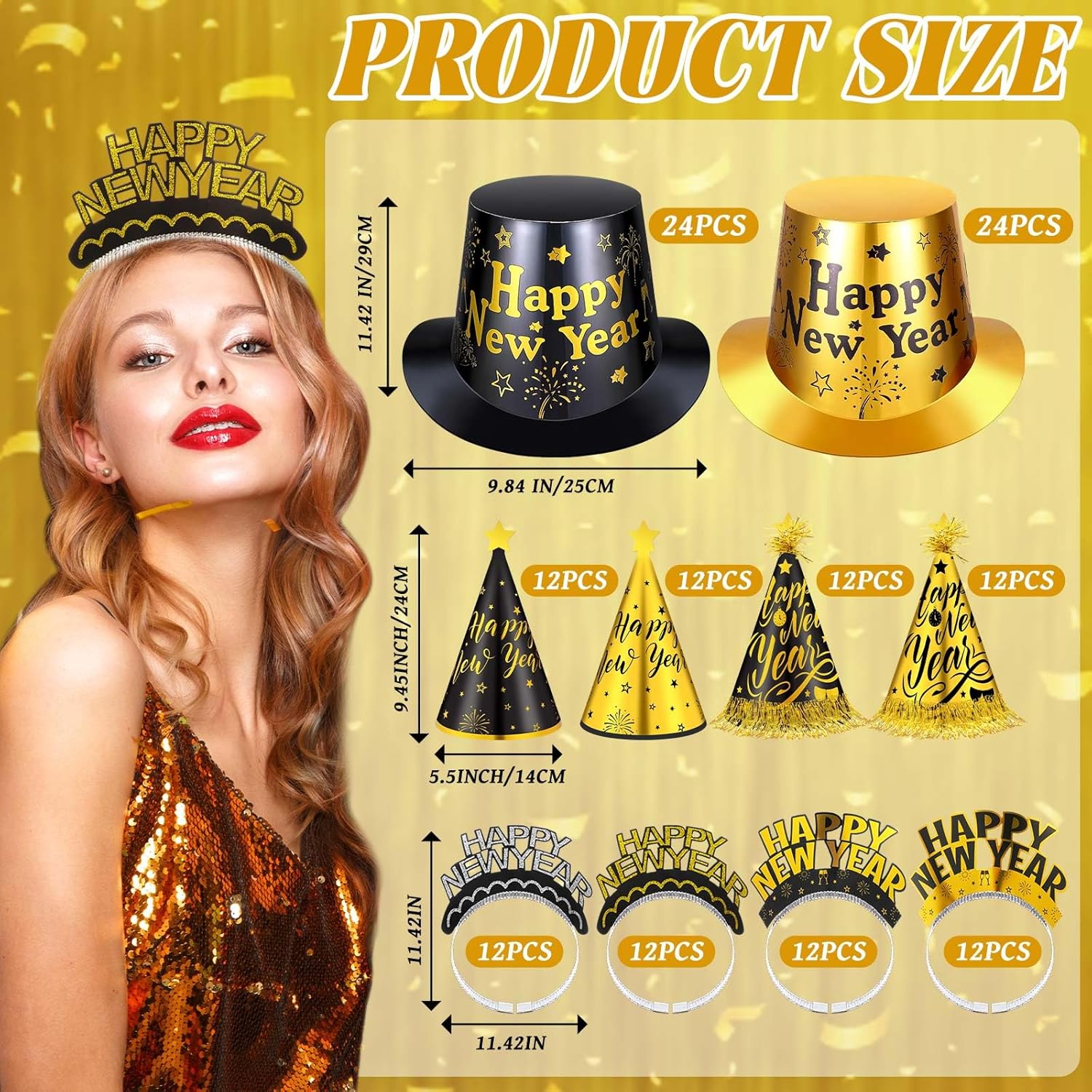 Suhine 144 Pcs 2026 New Years Eve Party Supplies Include 48 Happy Year Headband Hats 48 Eve Hats 48 Party Paper Cone Hat Gold,black