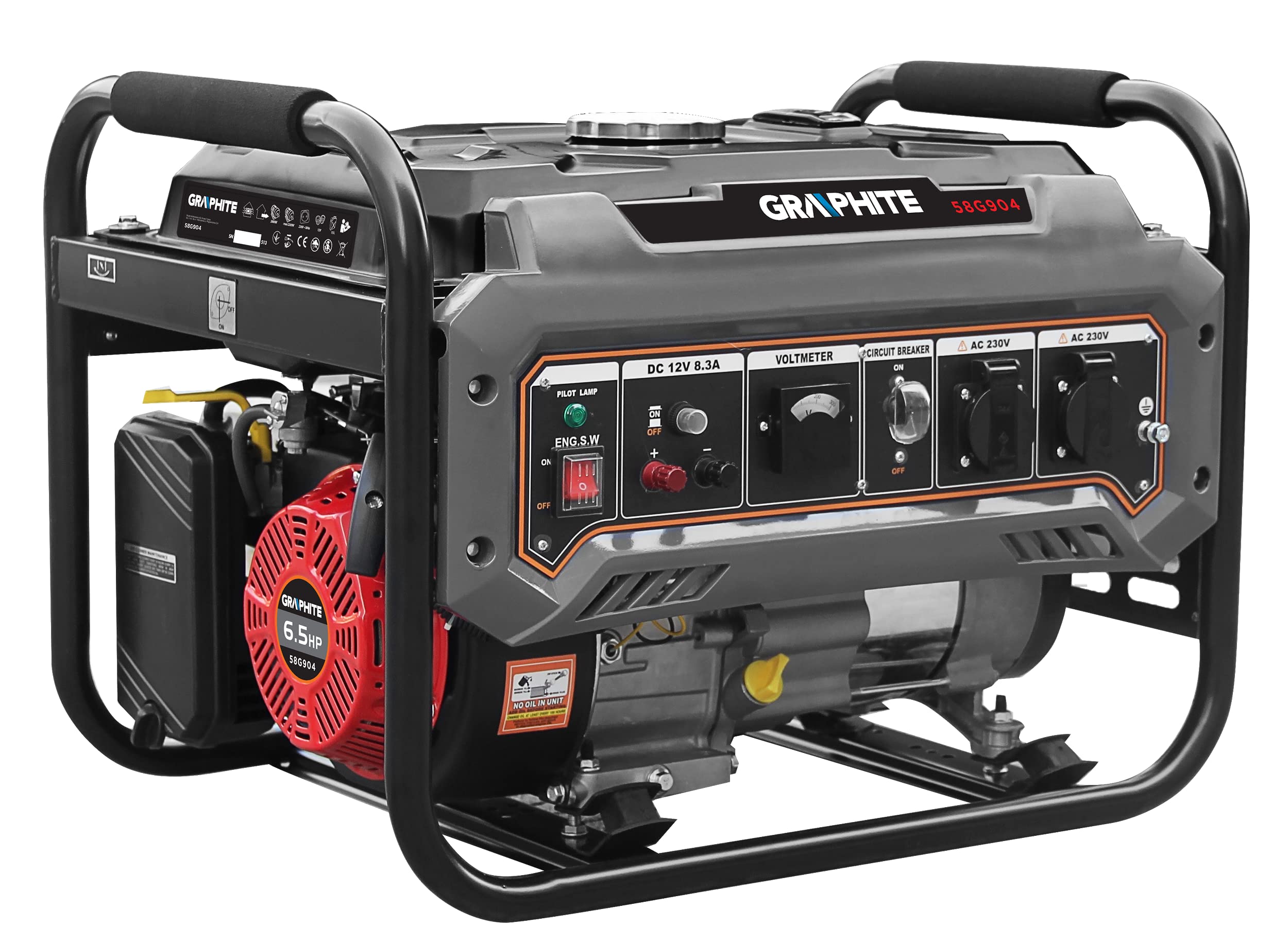 GRAPHITE Agregat prądotwórczy 2000 W-2200 W; prąd awaryjny; EURO V; AVR; silnik benzynowy 4,1 kW/6,56 kM; paliwo 92,95,98; pojemność zbiornika: 15 l, średnie zużycie paliwa: 2,44 l/h; waga: 40 kg