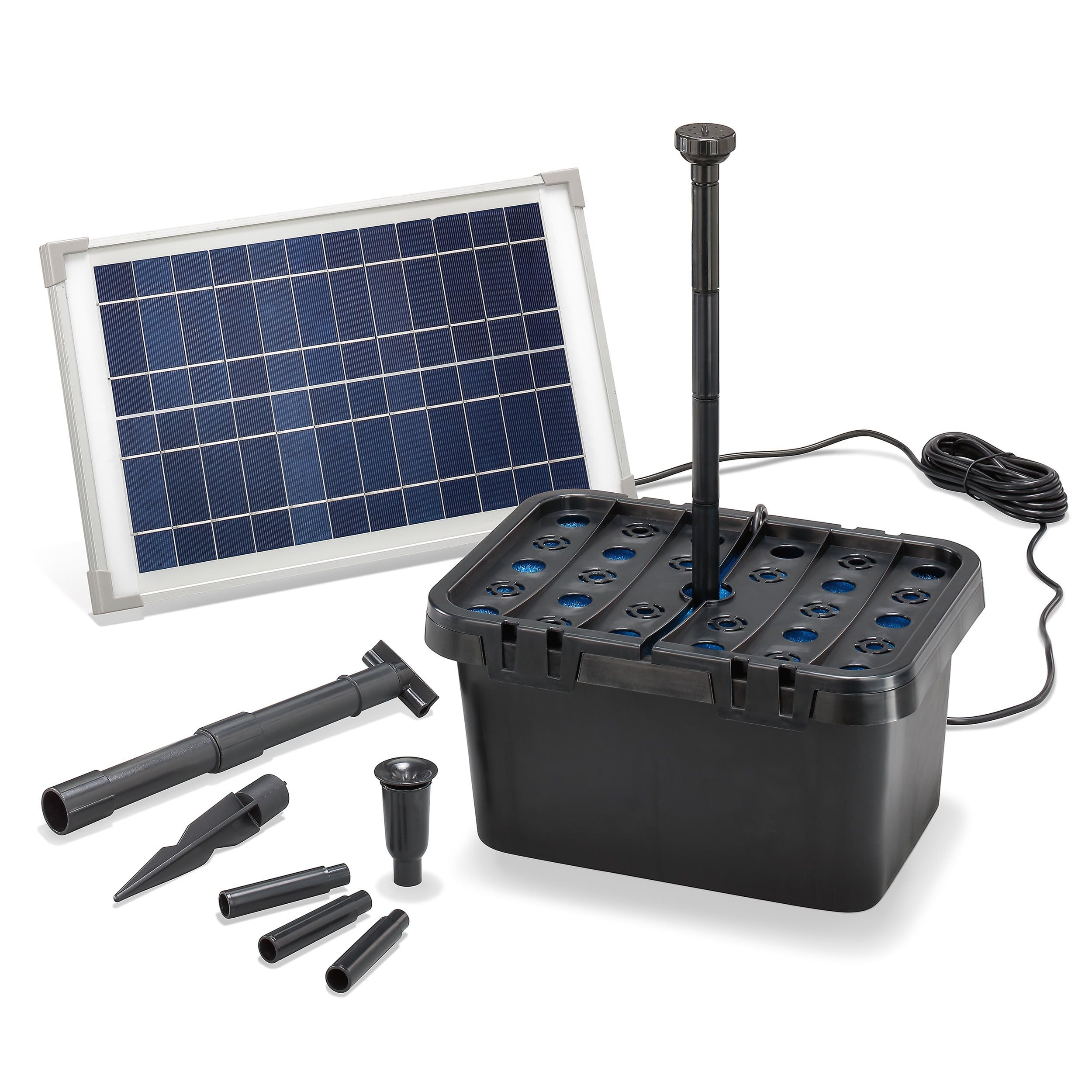 Esotec 100901 Kit complet de filtre solaire professionnel débit 650 l h avec panneau solaire de 12 W fonction de Jeu d'eau décoratif et pompe solaire pour les bassins de jardin allant jusqu'à 2000 l
