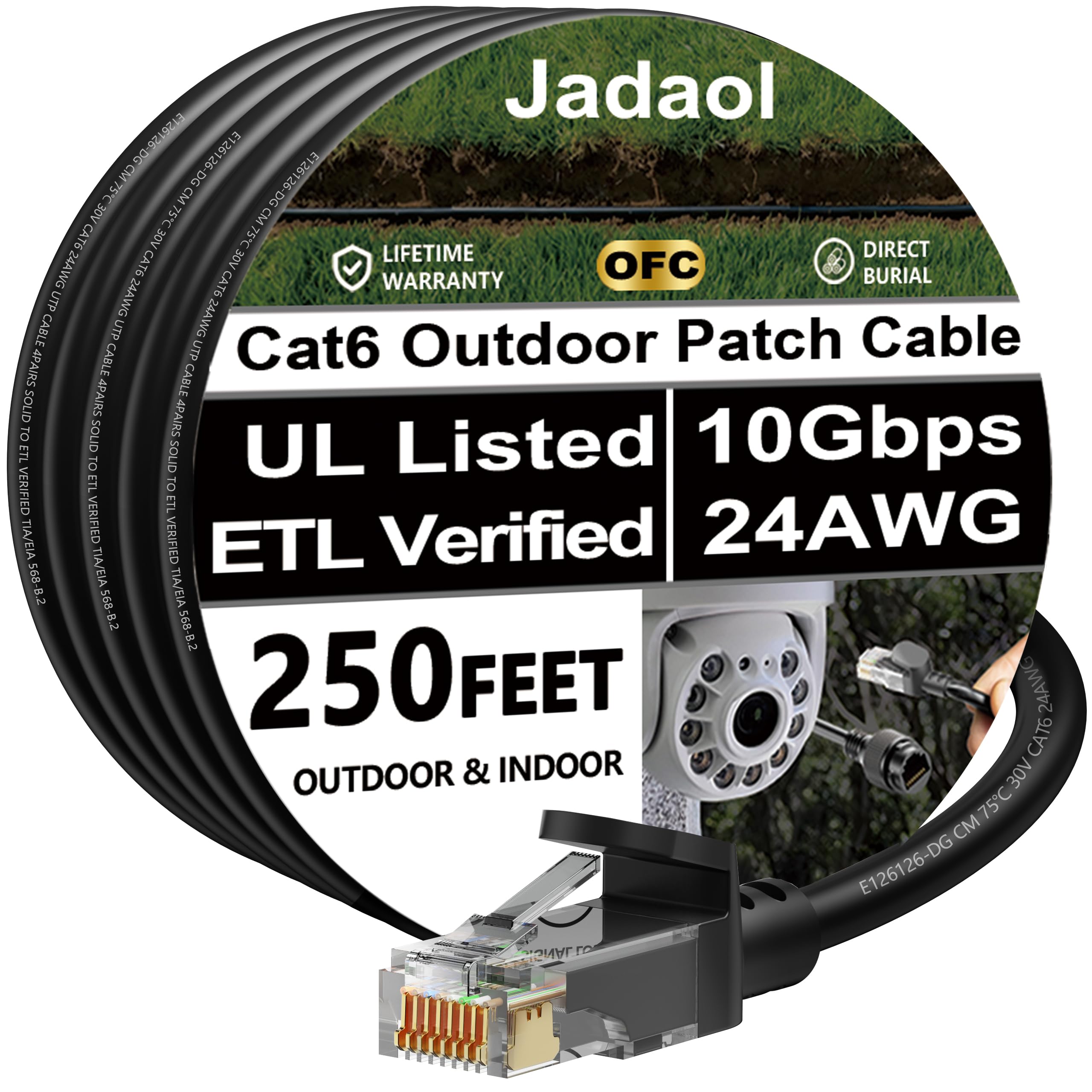 Cat6 Outdoor Ethernet Cable 250 ft, Support Cat8/7 Network, 10Gbps 24AWG Pure Copper, Heavy Duty Direct Burial In-Ground, Waterproof UV Resistant LAN Internet Durable Long Patch Cable, Black