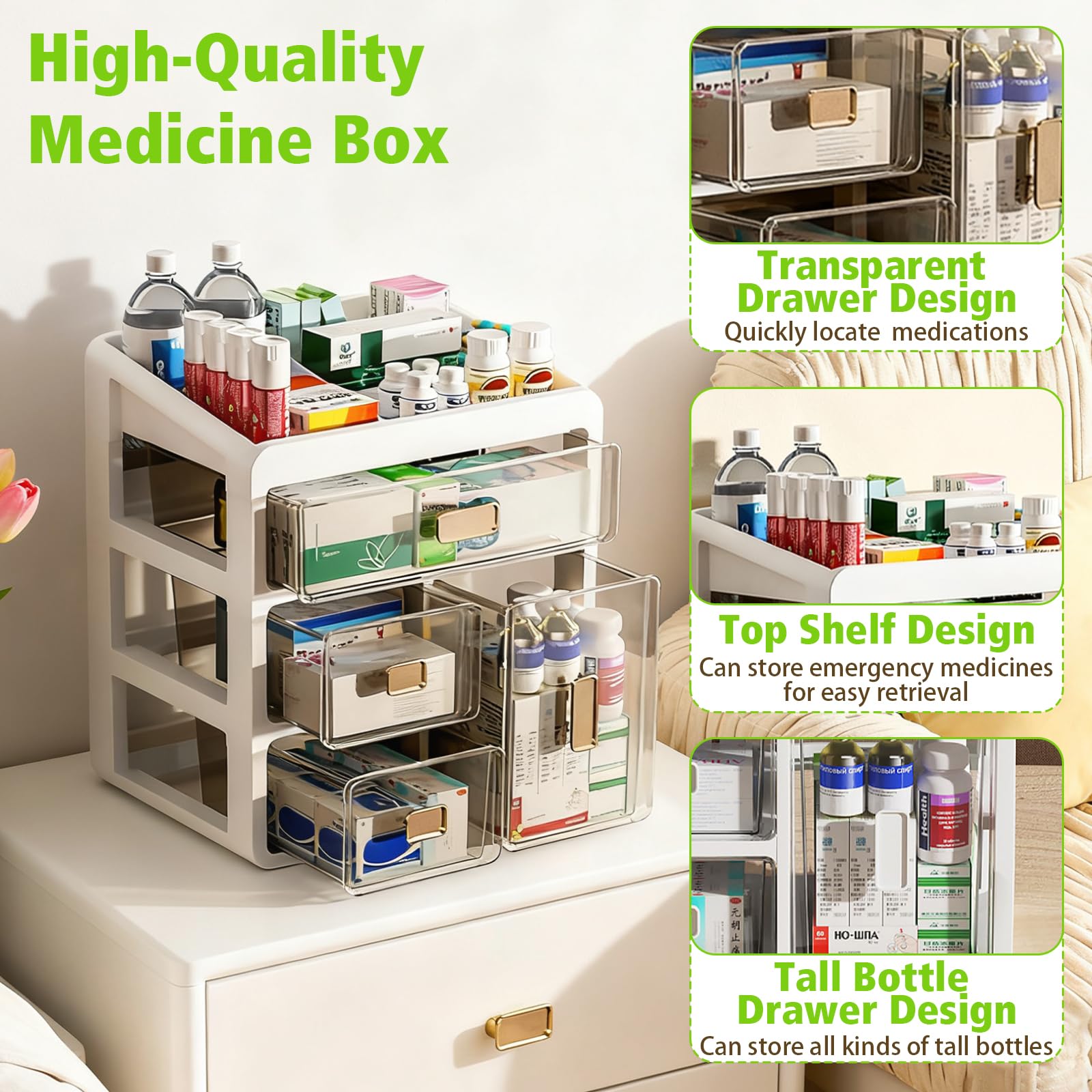 Caja de almacenamiento de medicamentos, caja de medicamentos de 4 niveles, contenedor de medicamentos, contenedor de almacenamiento para el hogar, oficina, dormitorio