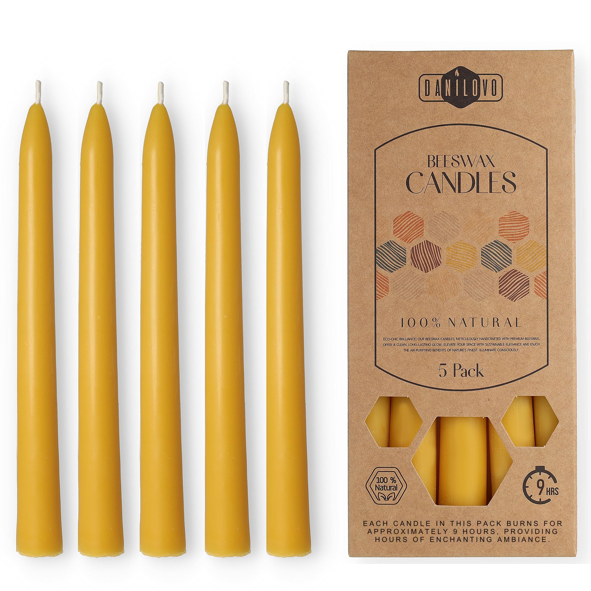 Danilovo Yellow Pure Beeswax Candles - Pack Of 5 Taper, Honey-Scented, Sustainable & Long Burning Natural Beeswax Accessory For Any Occasion & Candle Holder