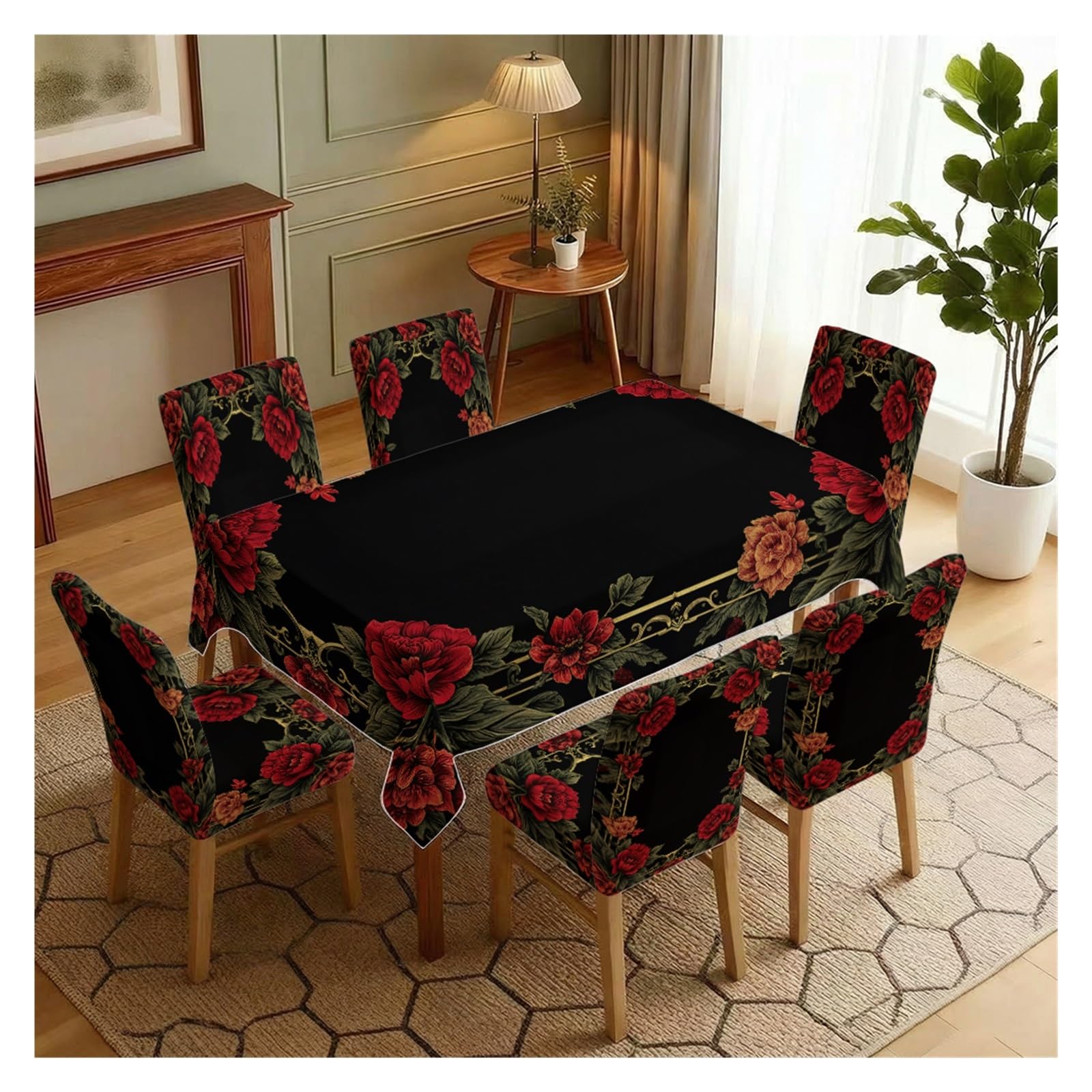 BOSUYBN Stretch Dining Chair Slipcovers And Tablecloth Set, Black Background Vintage Red Rose Print, 5/7 Pack For Gothic Elegant Home Decor Table Setting(7pcs Set: Tablecloth+Chair Covers)