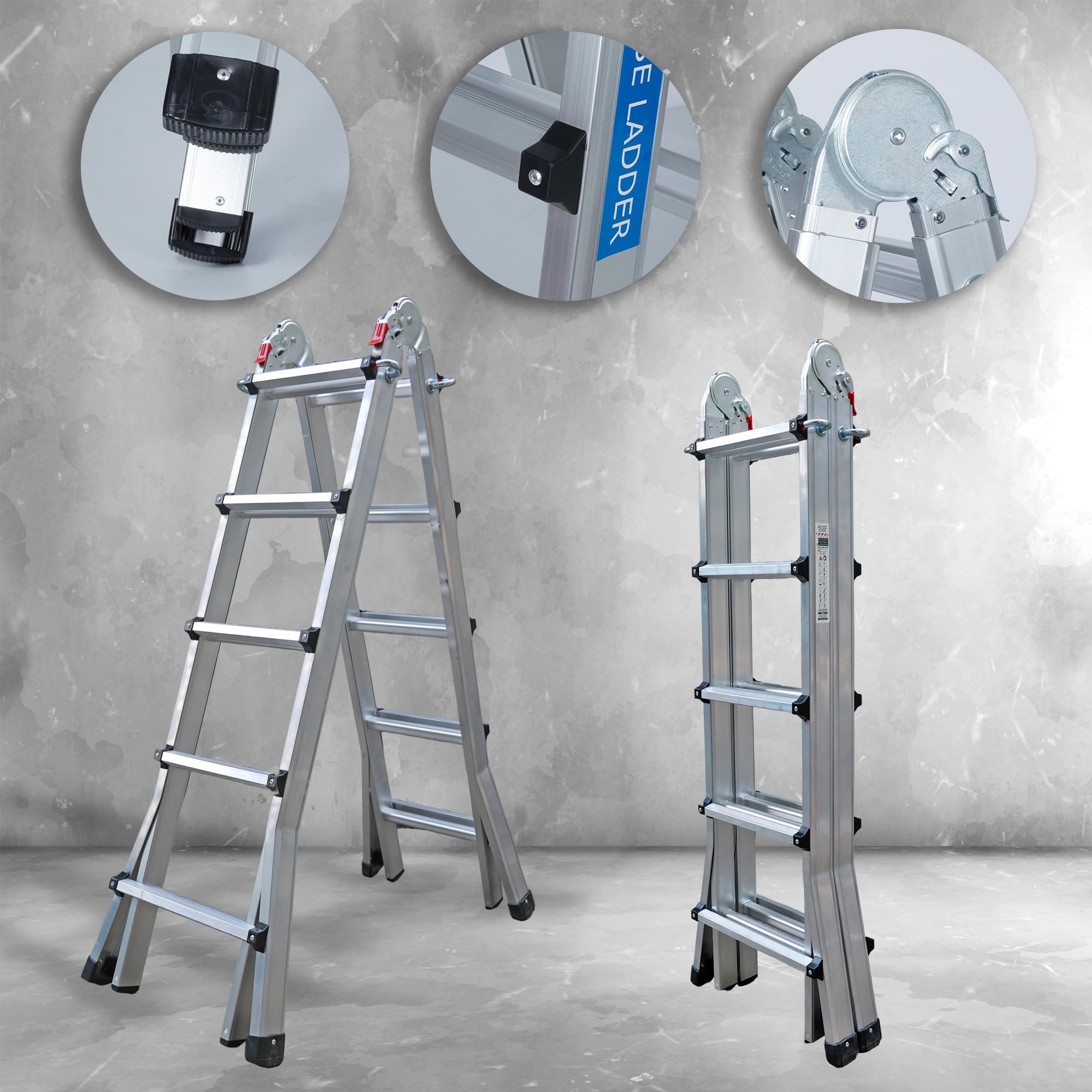 UZIRO Escalera Telescópica Plegable Articulada de Aluminio 4x5, 5,19 M, 150 KG, Gris