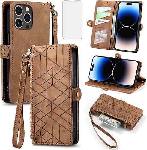 Asuwish Funda de teléfono para iPhone 14 Pro de 6.1 pulgadas con protector de pantalla de vidrio templado y tarjetero con cremallera abatible,