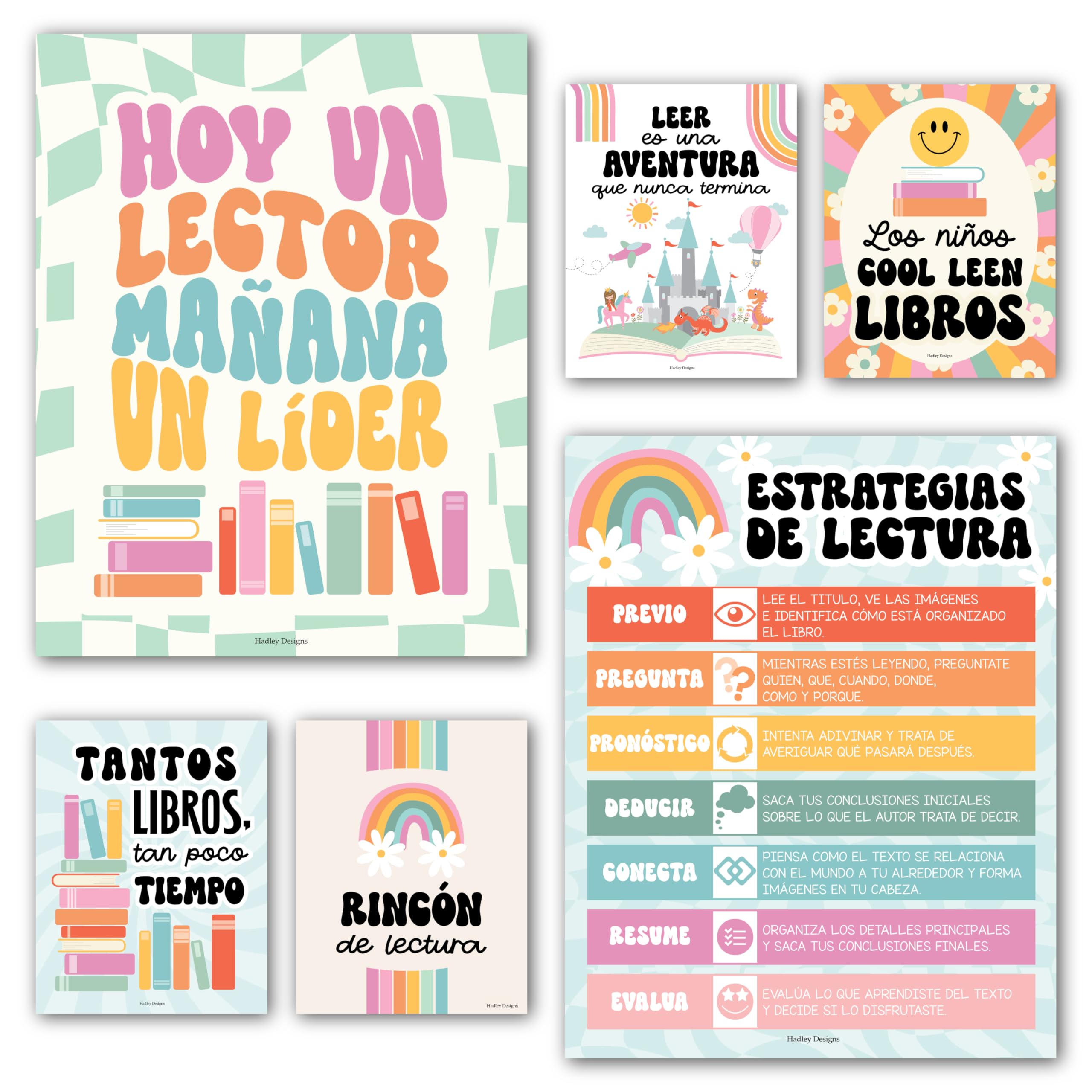 Hadley Designs Spanish Classroom Decorations - 6 Spanish Posters for High School, Decoracion de Area para Salon de Lectura, Rincon de Lectura Decoracion para Salon de Clases en Espanol, Retro Decor