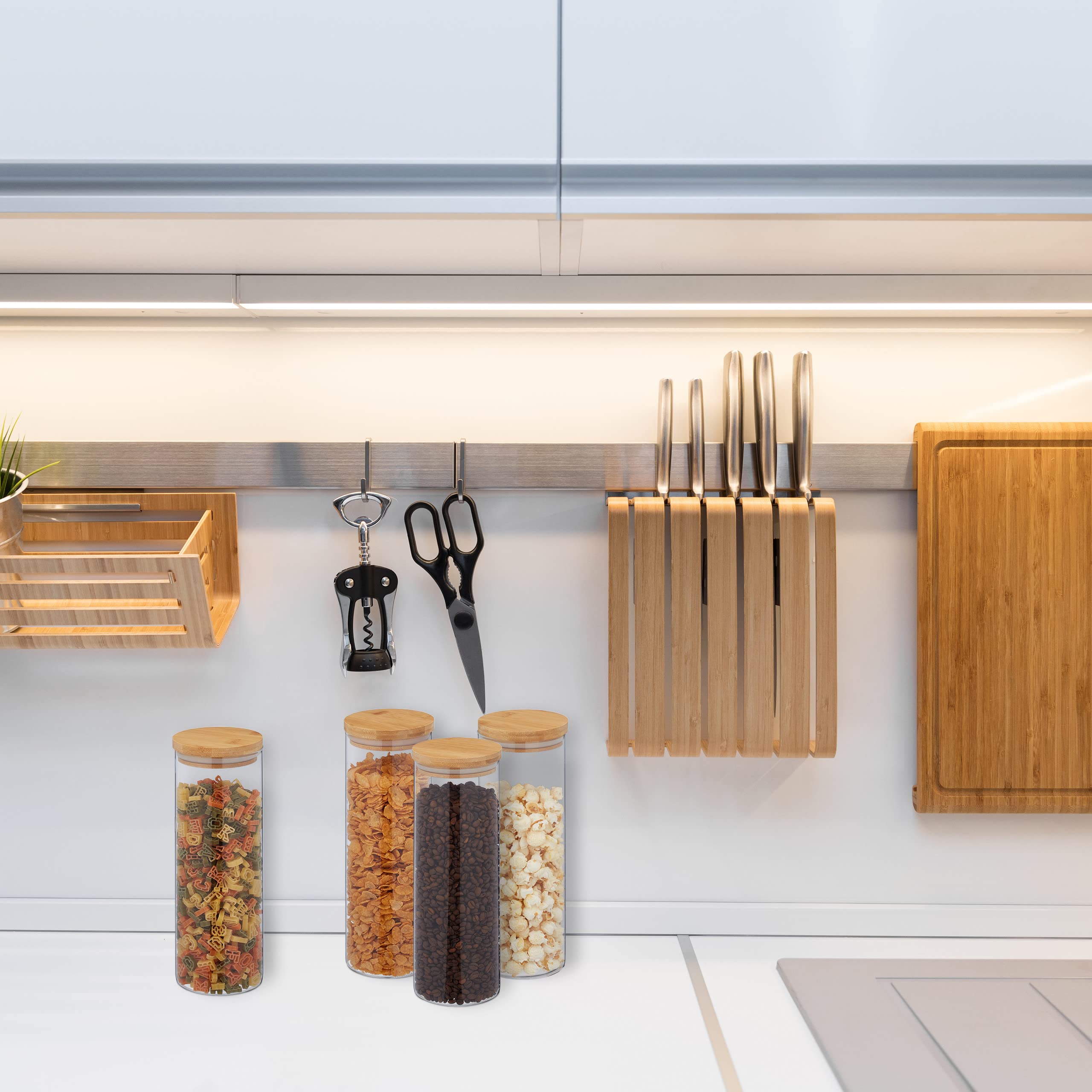 Relaxdays Botes Cristal 1600 ml, Set 4, Recipientes Cocina Grandes, Tapa Bambú, Tarros Herméticos, Transparente/Natural