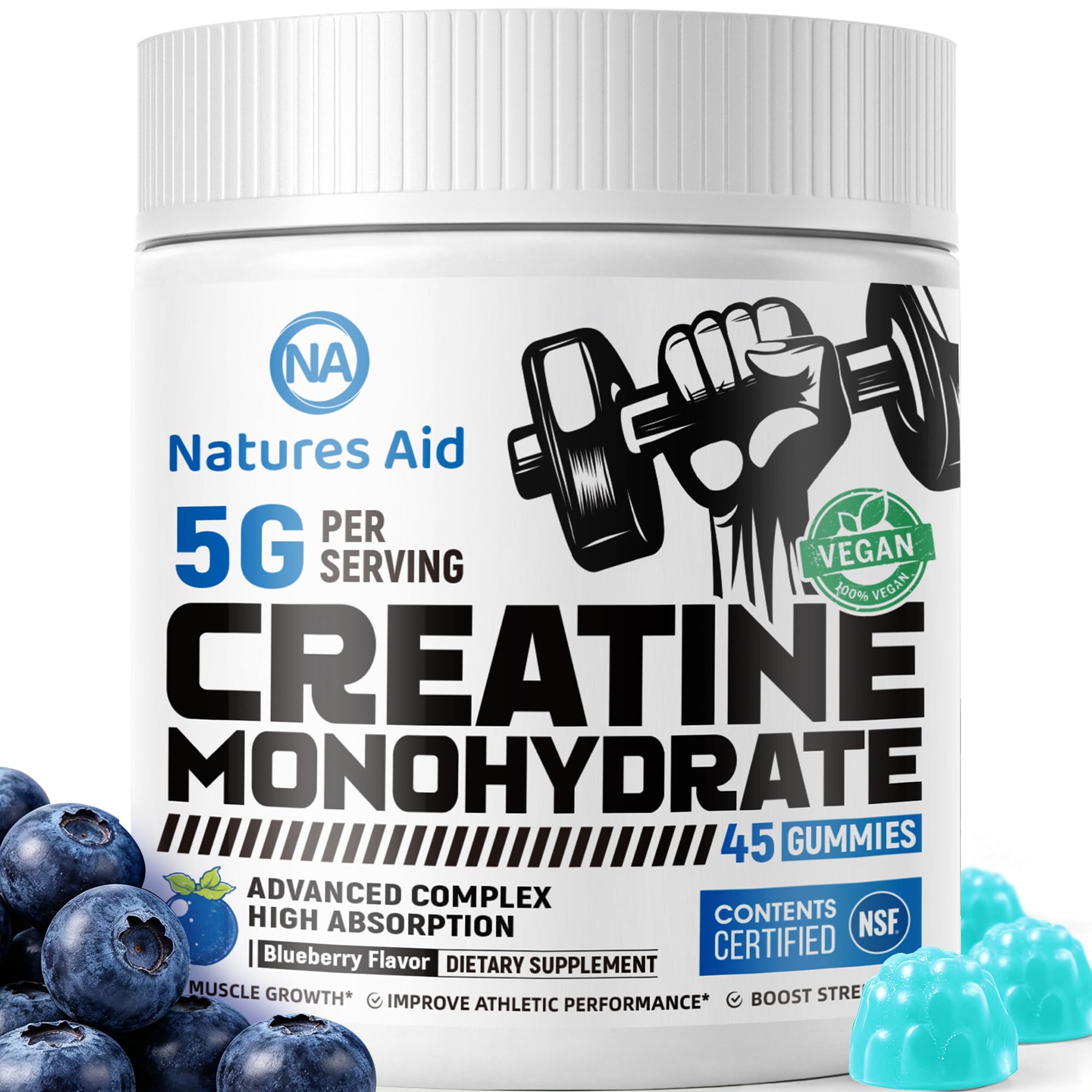 Creatine Monohydrate Gummies, NSF Certified Creatine Gummy, 5g Dose for Men & Women to Support Muscle, Strength, Recovery, Cognitive Health & Memory, Blueberry Flavor
