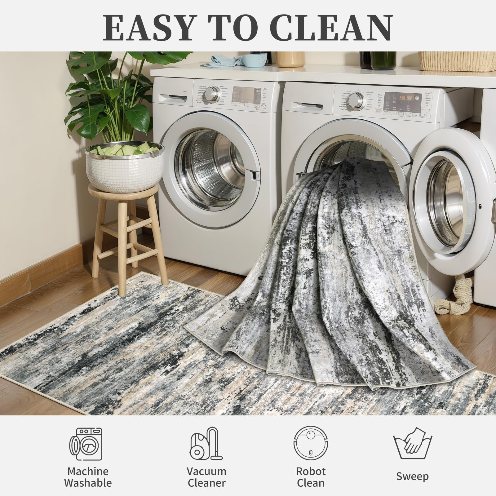 Tangsoo Waschbarer Teppich, modern, rutschfest, für Wohnzimmer, abstrakter zeitgenössischer Teppich, weicher niedriger Flor, faltbar, für Esszimmer, Schlafzimmer, Nachttisch, Badezimmer, Büro, Grau