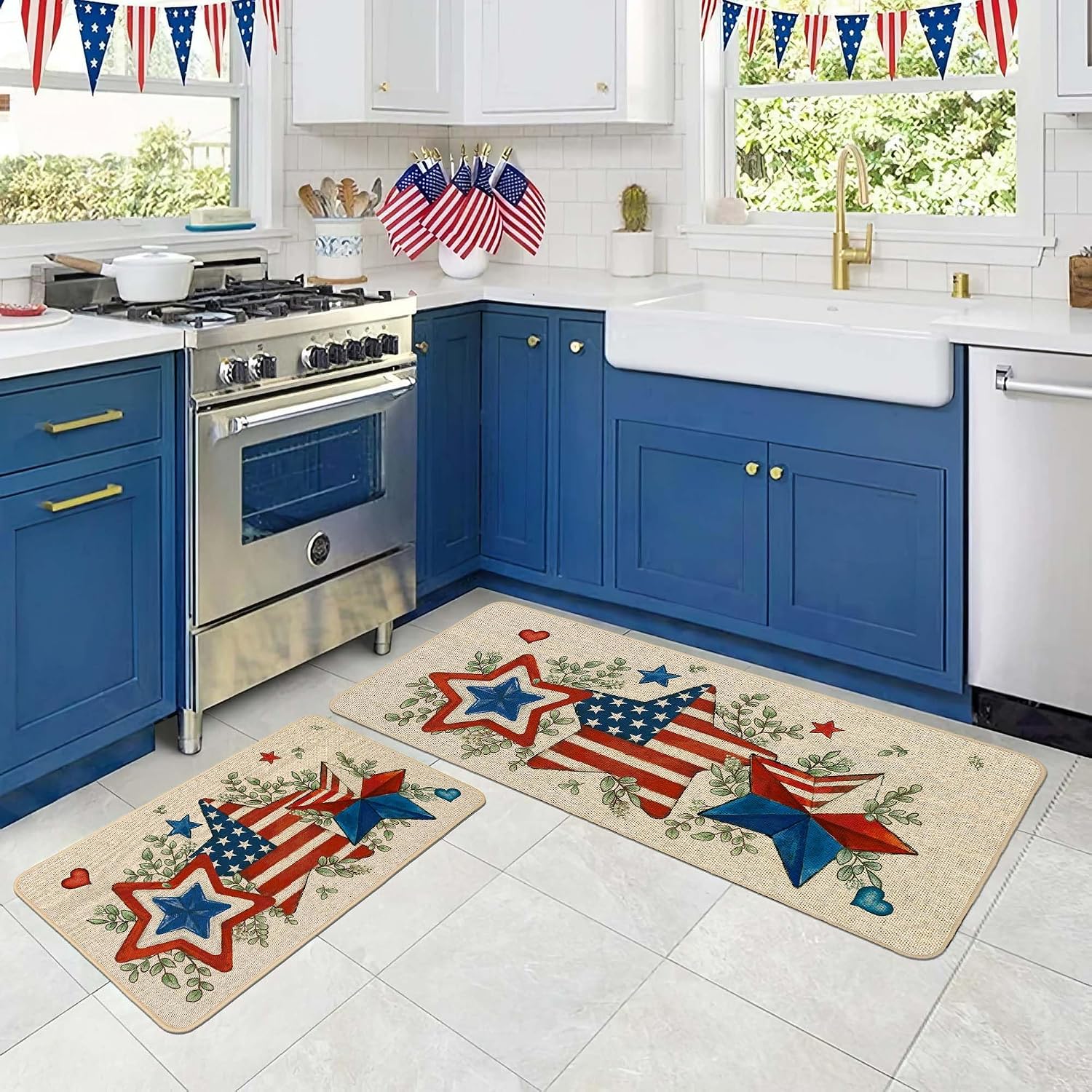Baccessor Patriotic Stars Stripes 4th of July Doormat Rug 17x36 Inch, Independence Memorial Day America Front Door Mat Indoor Outdoor Non Slip Rubber Backing Seasonal Entryway Kitchen Floor Decoration