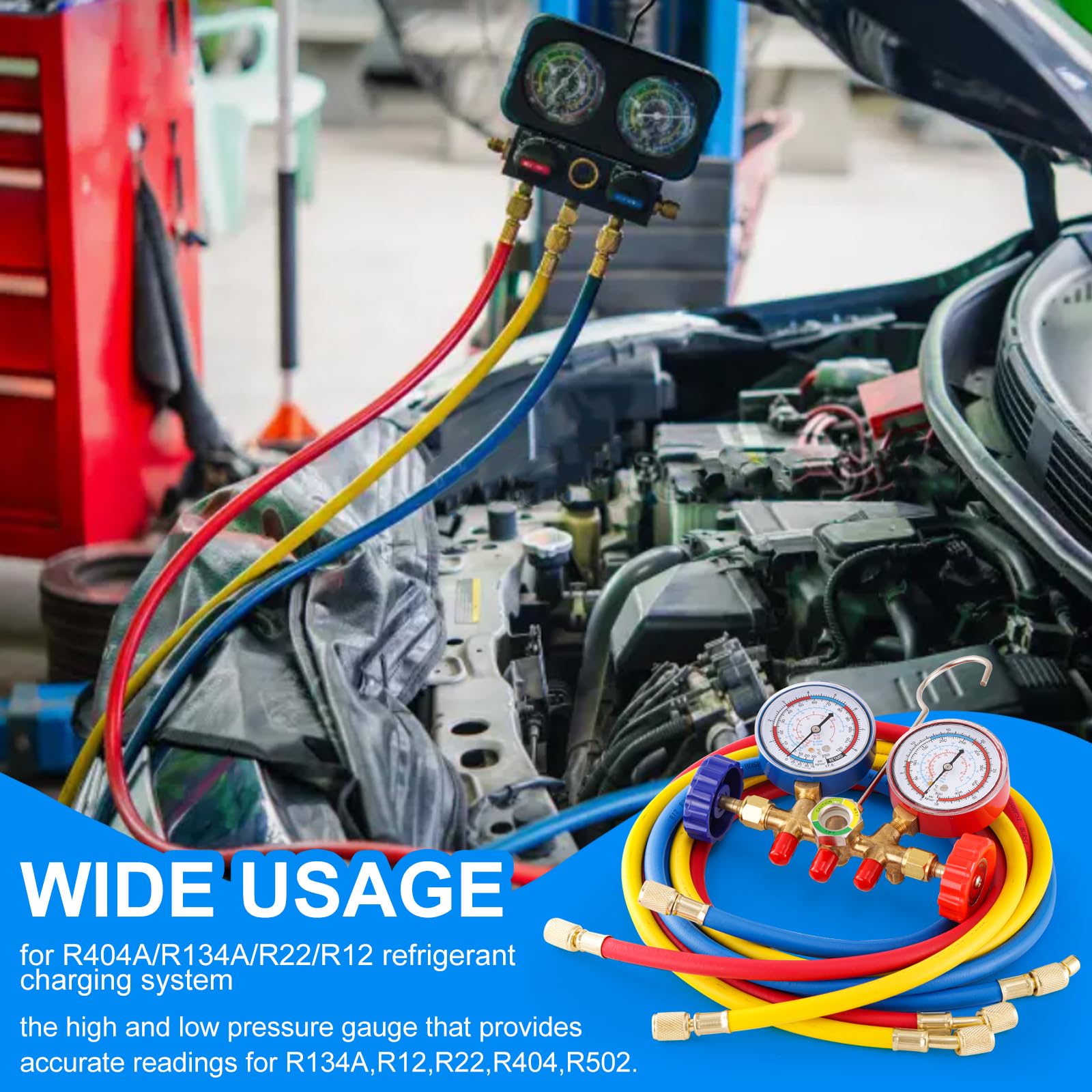 R134A AC Manifold Gauge Set - 3-Way HVAC Diagnostic Tool For Car & Home Refrigerant Charging