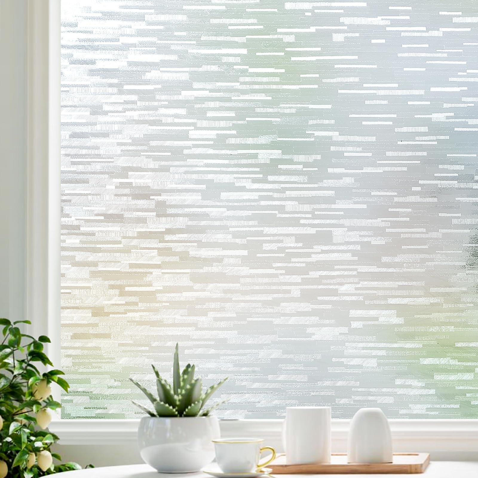 LUTE Window Privacy Film Frosted Glass Film, Removable Sun Blocking Heat Control Door Window Cover, Non-Adhesive Static Window Cling Frosting Decorative Glass Sticker, Linear Pattern,23.6" x 78.5"