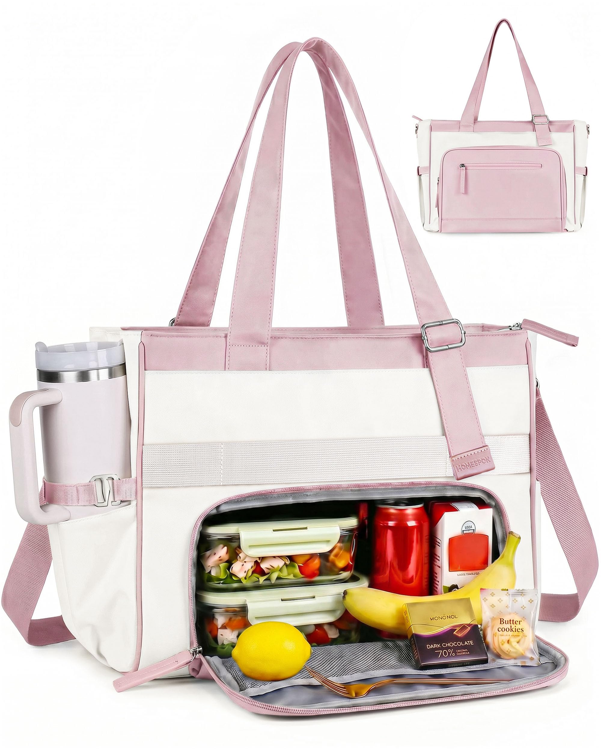 HOMESPON Lunch Bag for Women Insulated Lunch Tote with Laptop Compartment Large Work Tote Fits 15.6'' Laptop 3-in-1 Lunch Bag with Cup Holder Shoulder Strap (Beige Pink)