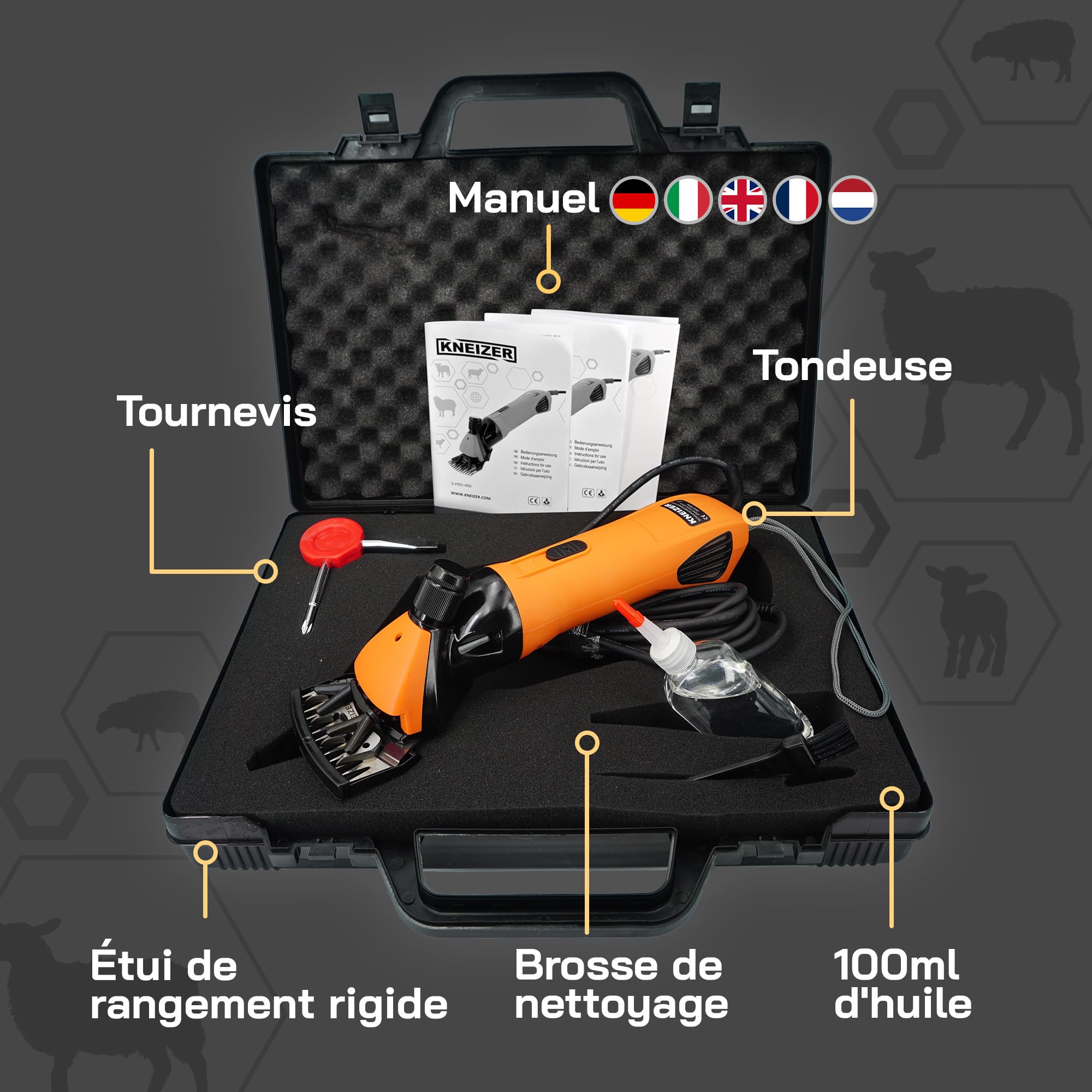 Tondeuse électrique pour moutons - Convient à toutes les races de moutons et à tous les pelages - Lames interchangeables - Moteur puissant - Faible vibration et faible bruit - Sans entretien