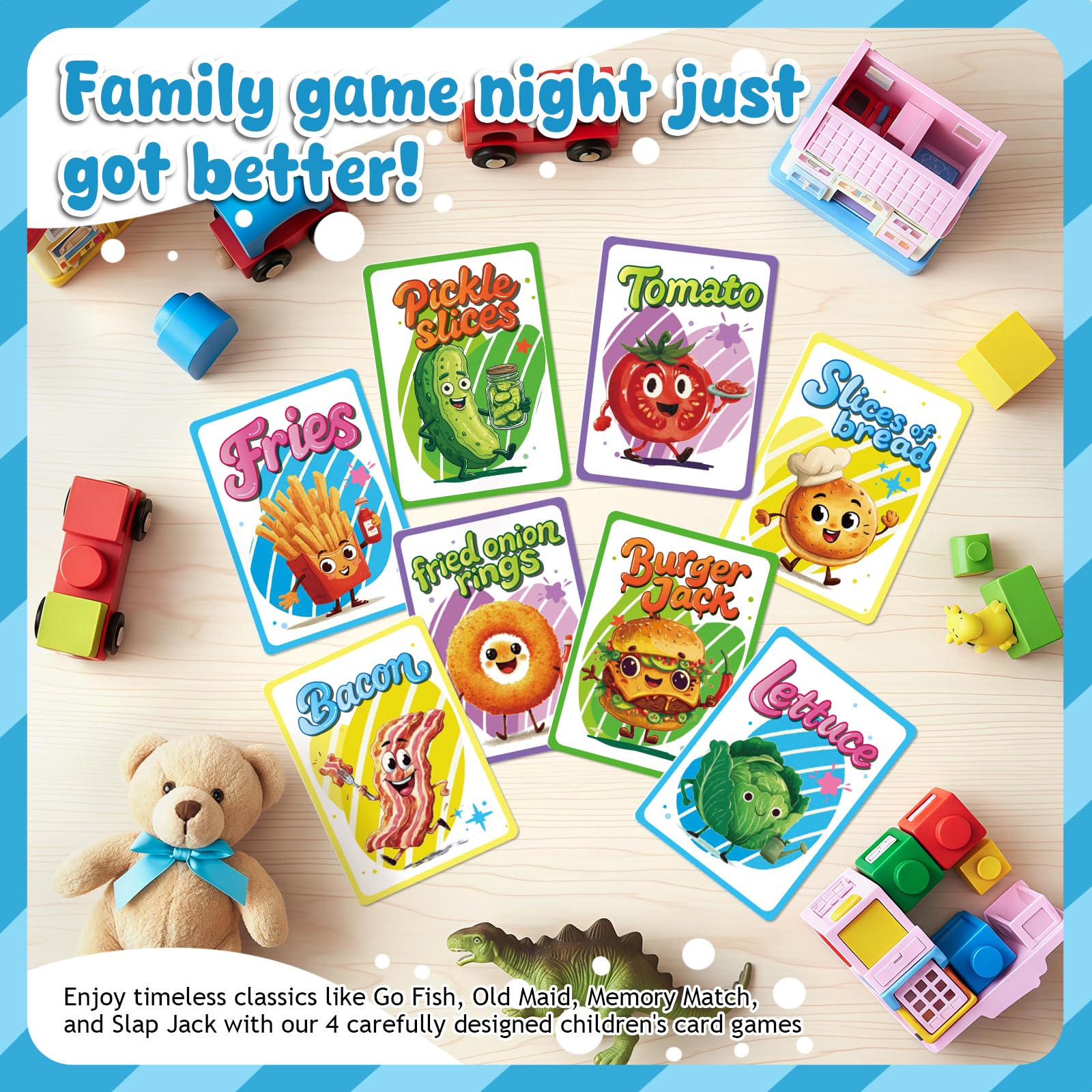 Jeux de cartes pour enfants : Go Fish, Old Maid, Slap Jack et Memory Match - 4 jeux de cartes classiques pour enfants pour une soirée de jeu en famille, parfaits pour les tout-petits, les