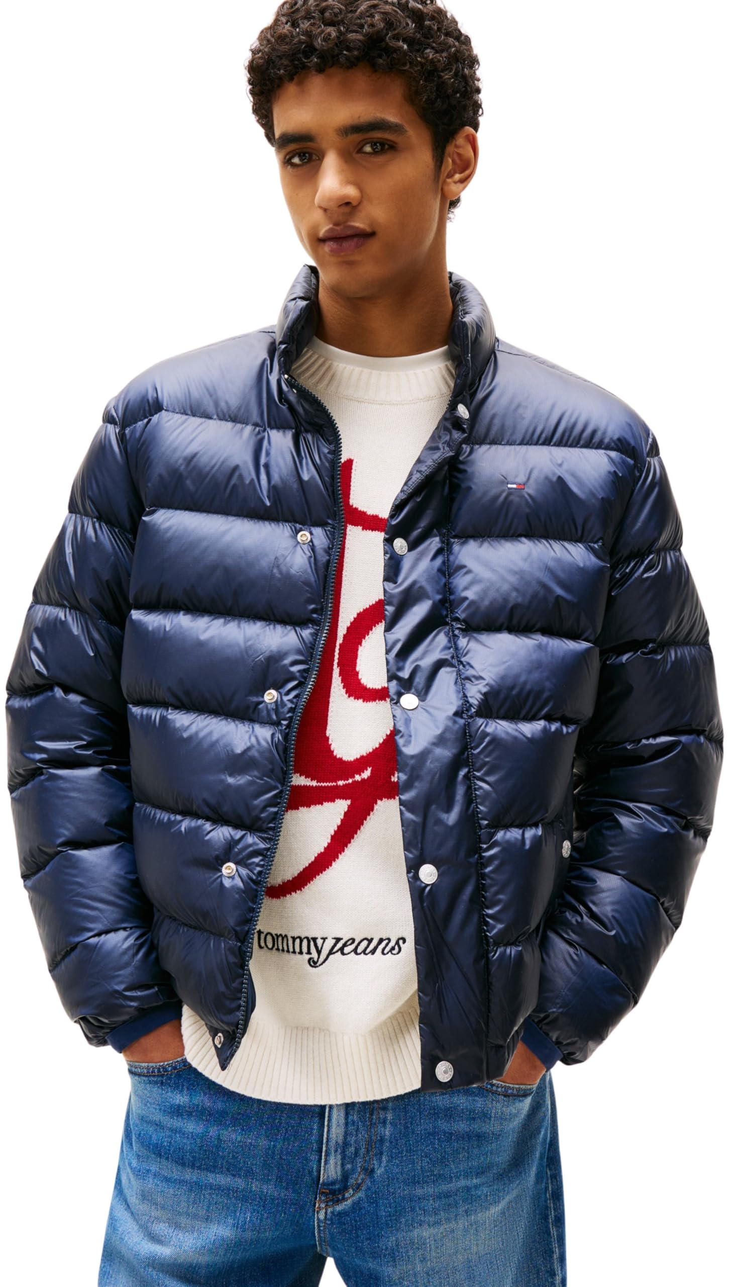 Tommy Jeans Uomo Piumino Light Down con Chiusura a Bottoni, Blu (Dark Night Navy), L