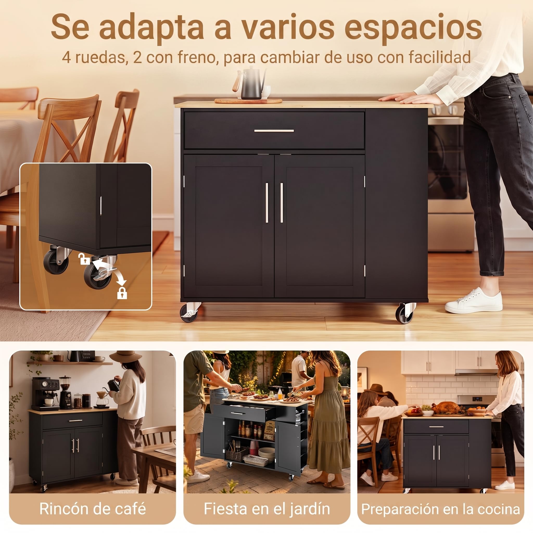 SoBuy Mueble Auxiliar de Cocina con Ruedas y 3 estantes 99x40x84,3 cm | Isla cocina con gran encimera de madera, 75 kg de carga, cajón y armario de 2 puertas, MDF/PB, para cocina, FKW133-SCH