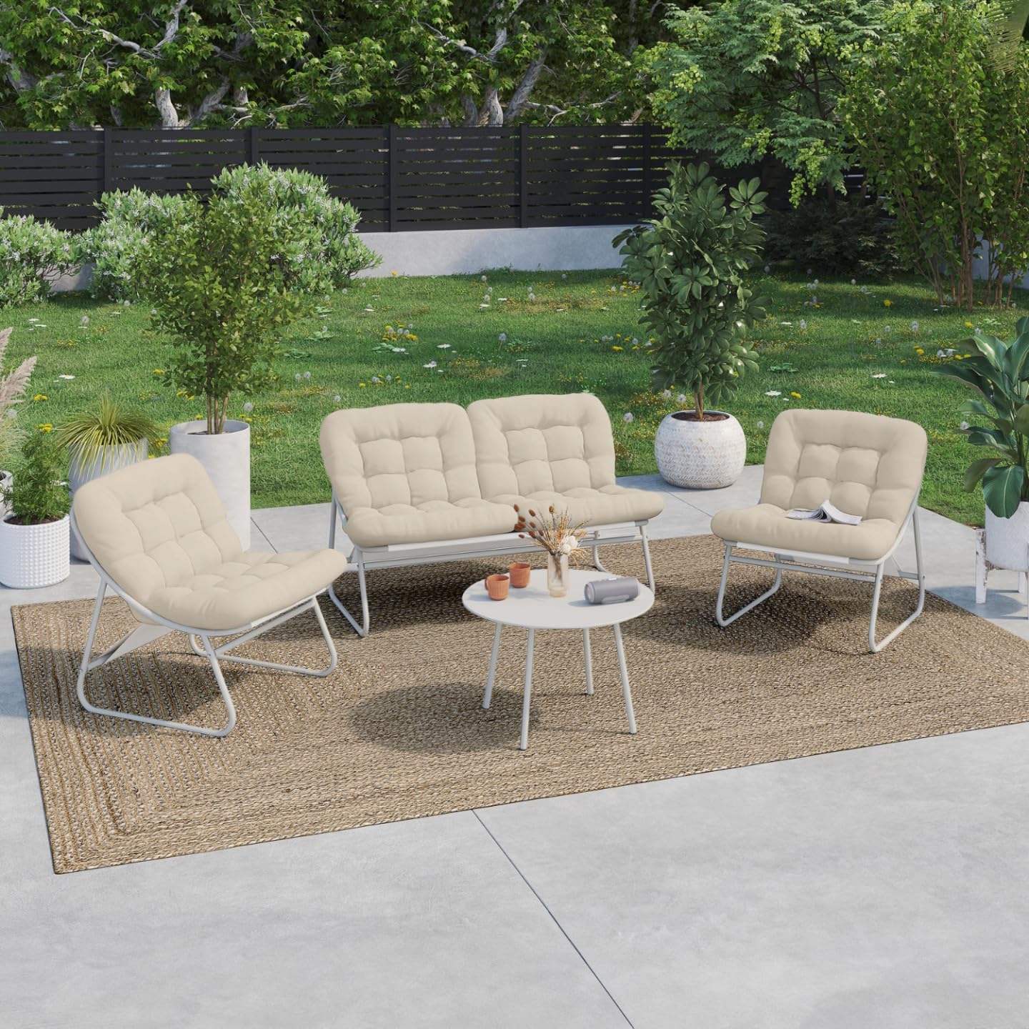 IDMarket - Muebles de jardín Arona bajo 4 plazas en metal blanco y cojines beige con sofá, sillón y mesa