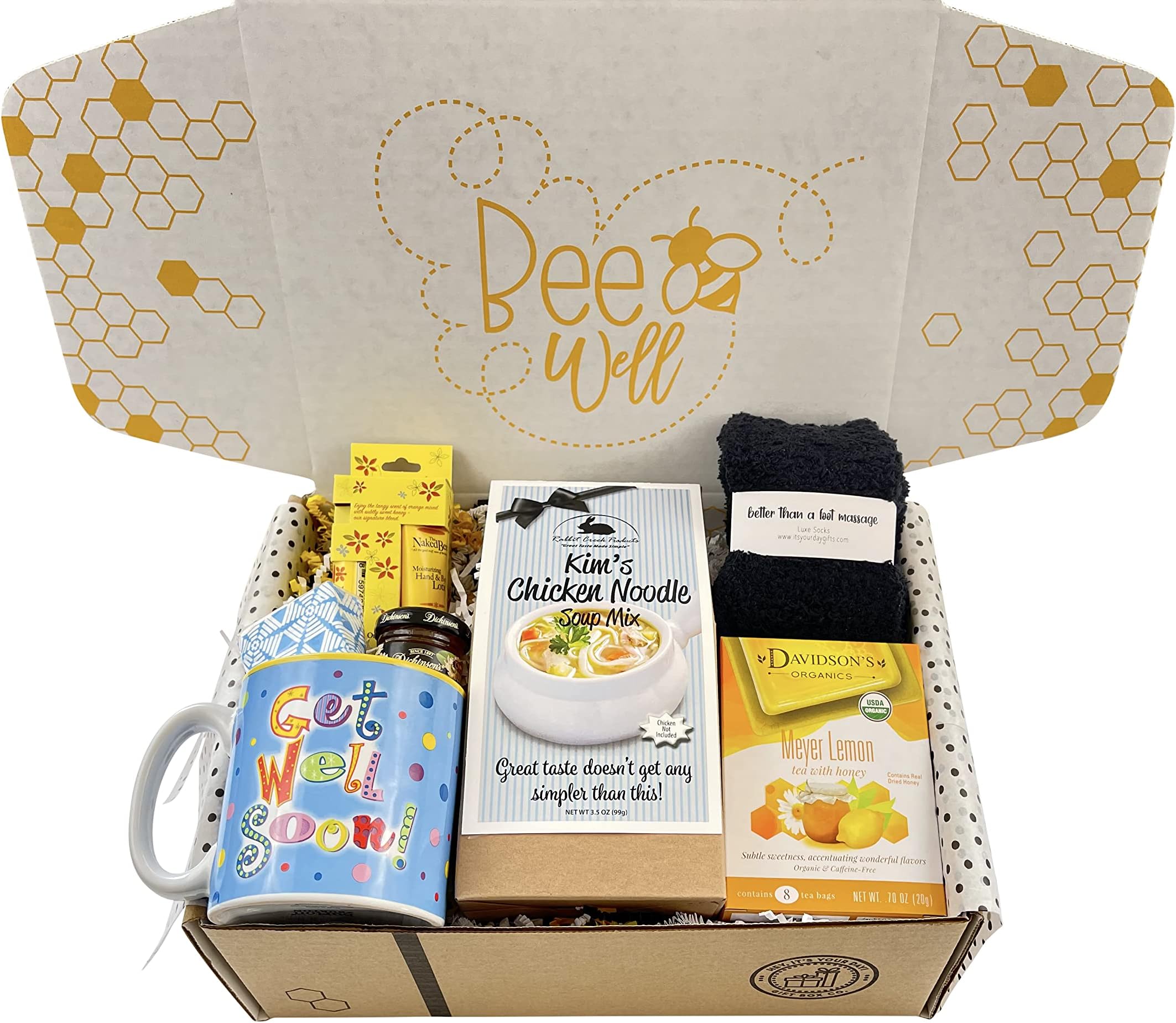 Get Well Soon Gift Basket with Soup, Mug, Socks, Lotion & More in Bee Well Unique Gift Box