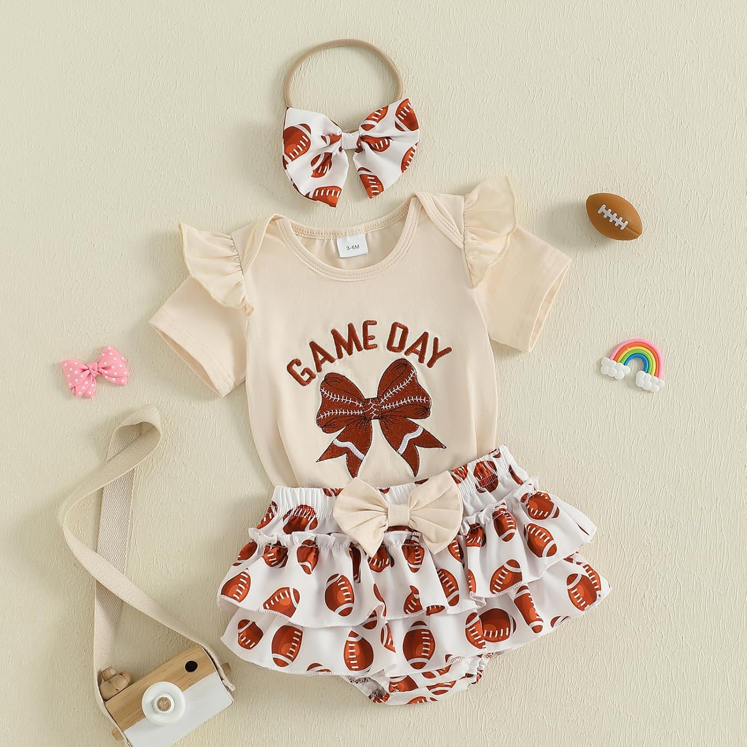Baby Girl Football Outfit Game Day Bow Romper Rugby Layered Bloomers Shorts Boutique Summer Clothes+Headband - Image 3
