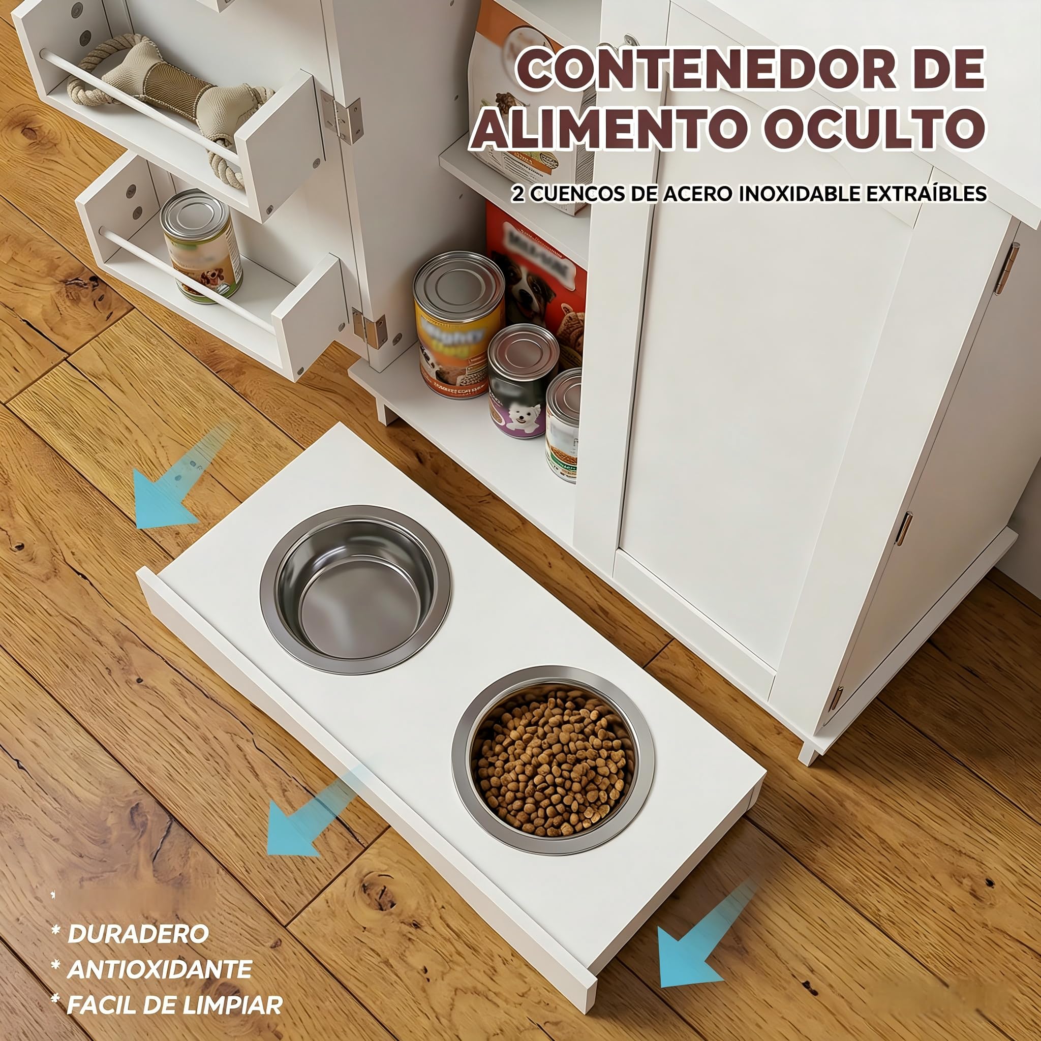 Armario para Comida de Perro con 2 Cuencos de Acero Inoxidable, Estación de Alimentación para Mascotas con Estantes Ajustables y Almacenamiento Lateral, Blanco, 59,7 x 31 x 80,5 cm