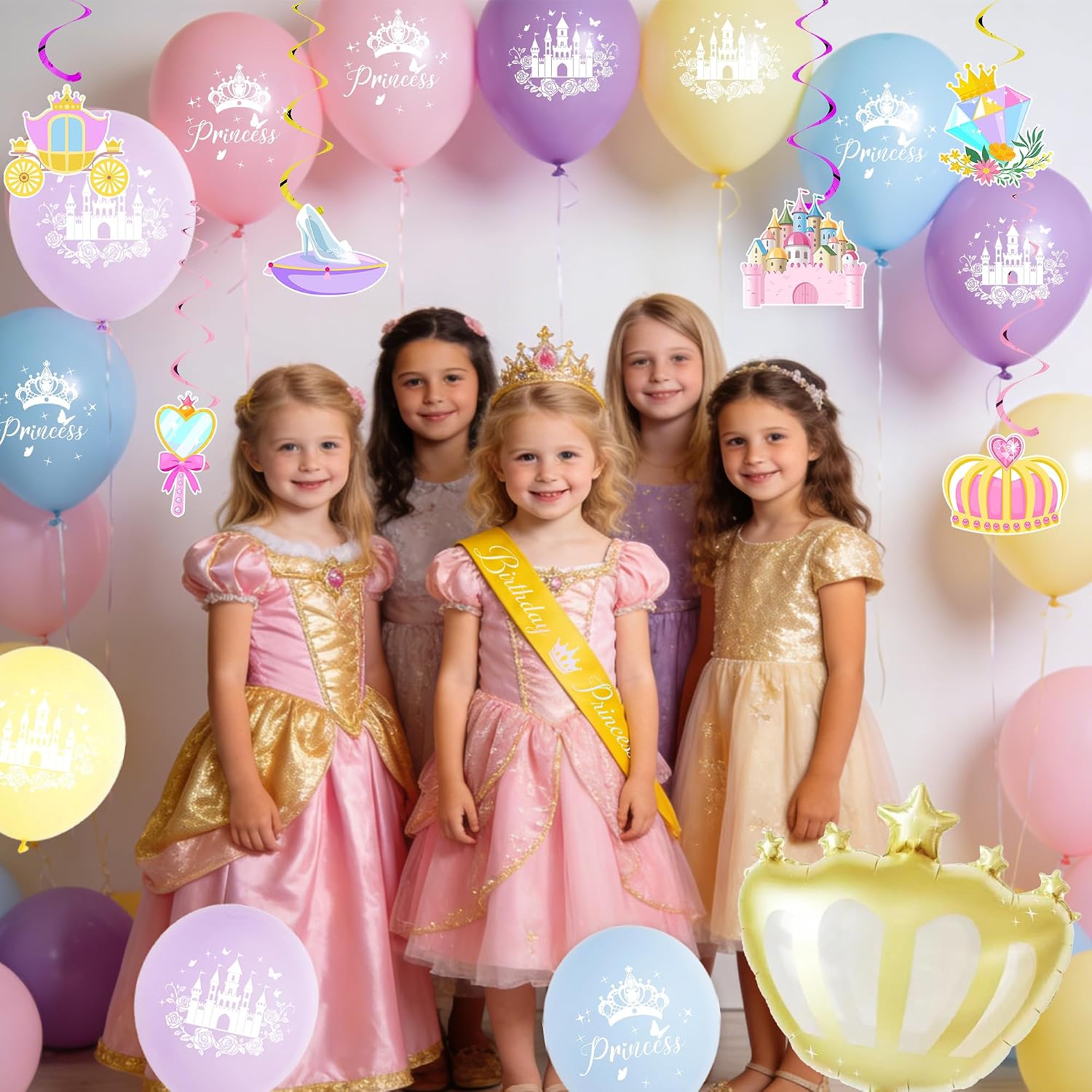 Princess Birthday Party Decorations for Girls - Purple Gold Glitter Princess Theme Happy Birthday Decoration, Glittery Party Supplies with Backdrop Banner Hanging Swirls Balloons Honeycomb