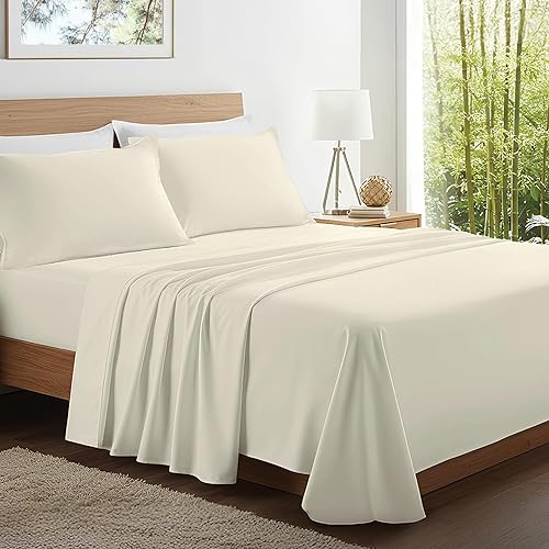 Kickoff Viscose Bamboo Sheets Queen Size 4-pc 100% Organic Bamboo Viscose Bed Cooling Sheets Queen Size Set Cool Bedding for hot Sleepers Sheet, Flat, Fitted, Pillowcases (Buttercream, Q)