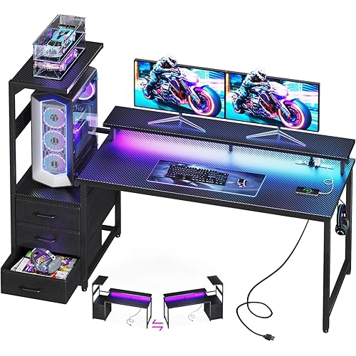 Casaottima 59 Inch Gaming Desk with USB Charging Ports & LED Light - Reversible Computer Desk with 3 Fabric Drawers, Monitor Stand, CPU Stand, and Side Hook, Modern Office Desk, Pure Black