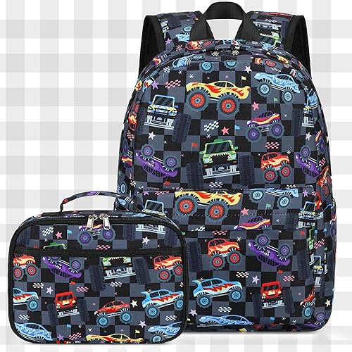 Miniatura 9 de CAMTOP Mochila para niños y niñas, mochilas preescolares con lonchera, juego de mochila escolar para jardín de infantes (vehículo negro a cuadros)