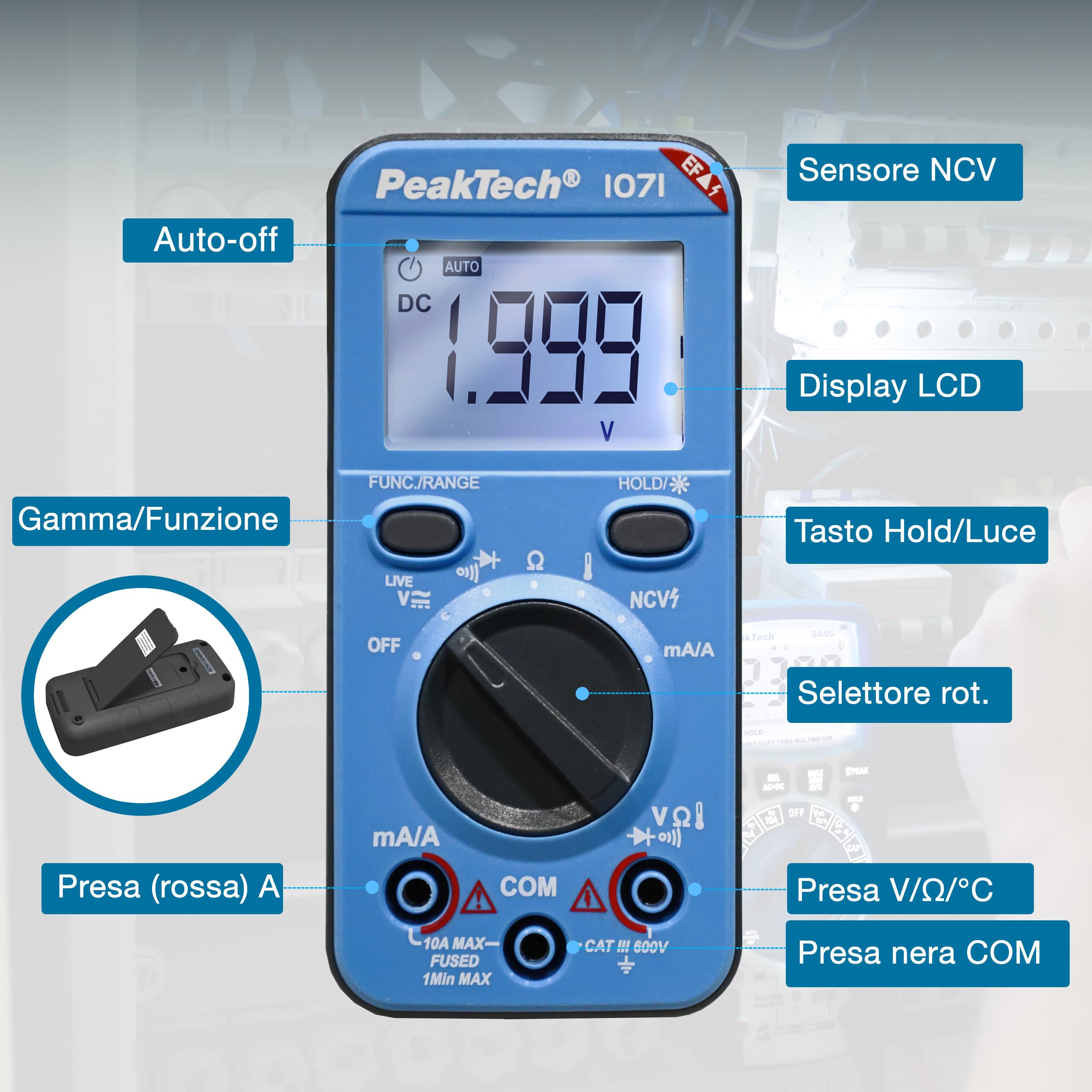 PeakTech P1071 - Multimetro digitale 10A AC/DC con funzione Auto-Range - Multimetro digitale di alta qualità con display LCD a 2.000 conteggi - Robusto amperometro fino a 600V - CAT III 600V
