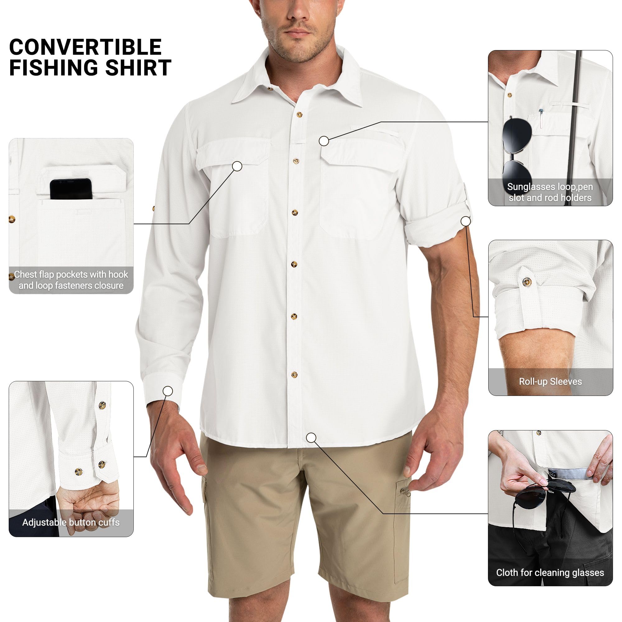 Outdoor Ventures Camisa de manga larga para hombre, camisa funcional para exteriores, de secado rápido, informal, transpirable, viajes, Blanco, L