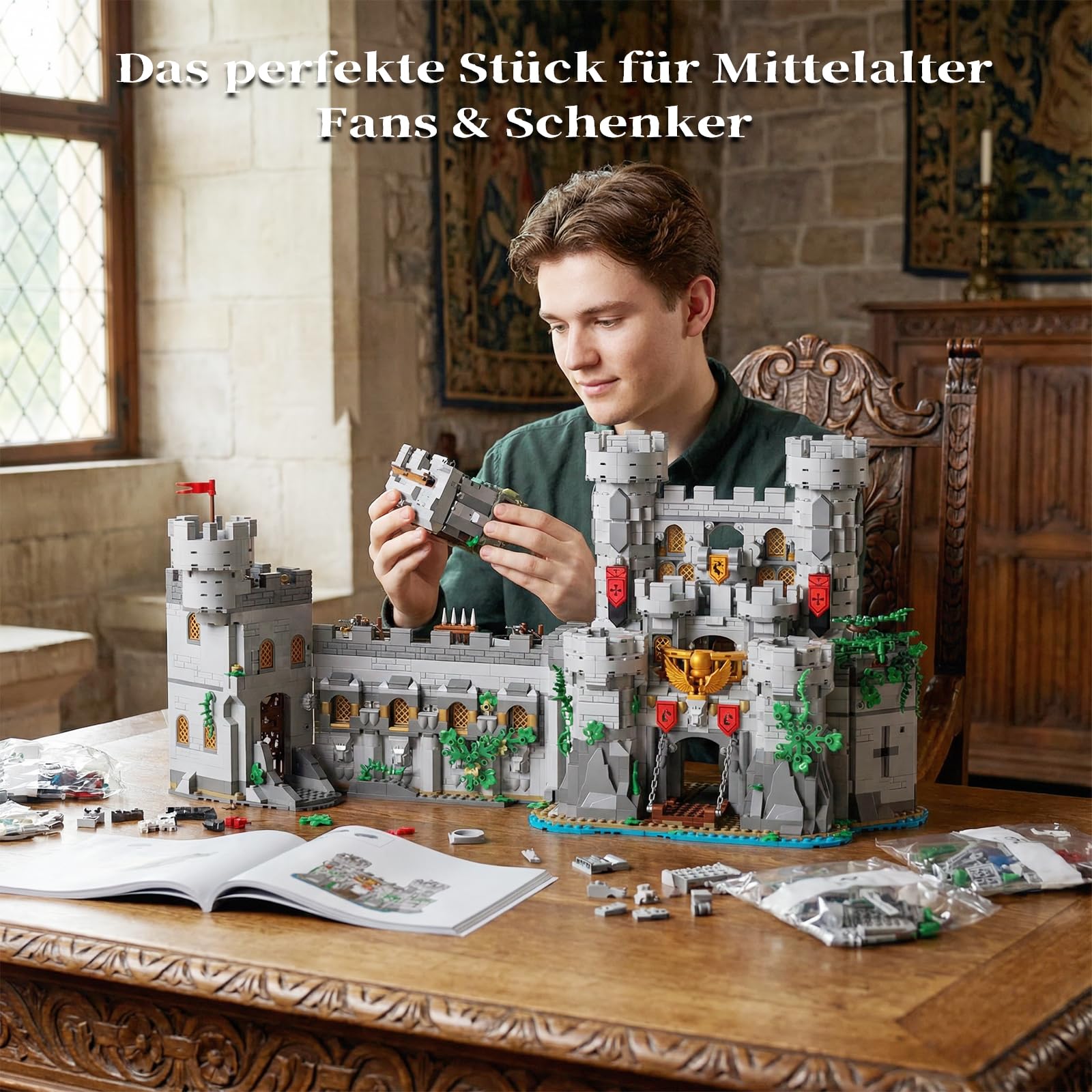 2 in 1 Mittelalter Ritterburg Bausteine Set, Klemmbausteine Haus Schloss Architektur Castle Modular Building für Erwachsene (2484 Teile)